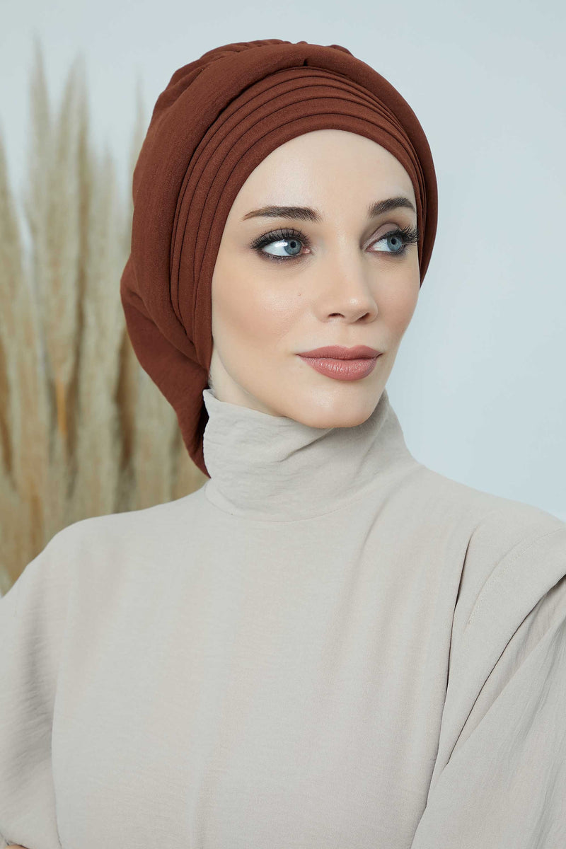 Pleated Aerobin Instant Turban for Women, Pre-Tied Modest Headwrap, Wrinkle-Resistant and Breathable Hijab Cap,HT-108A