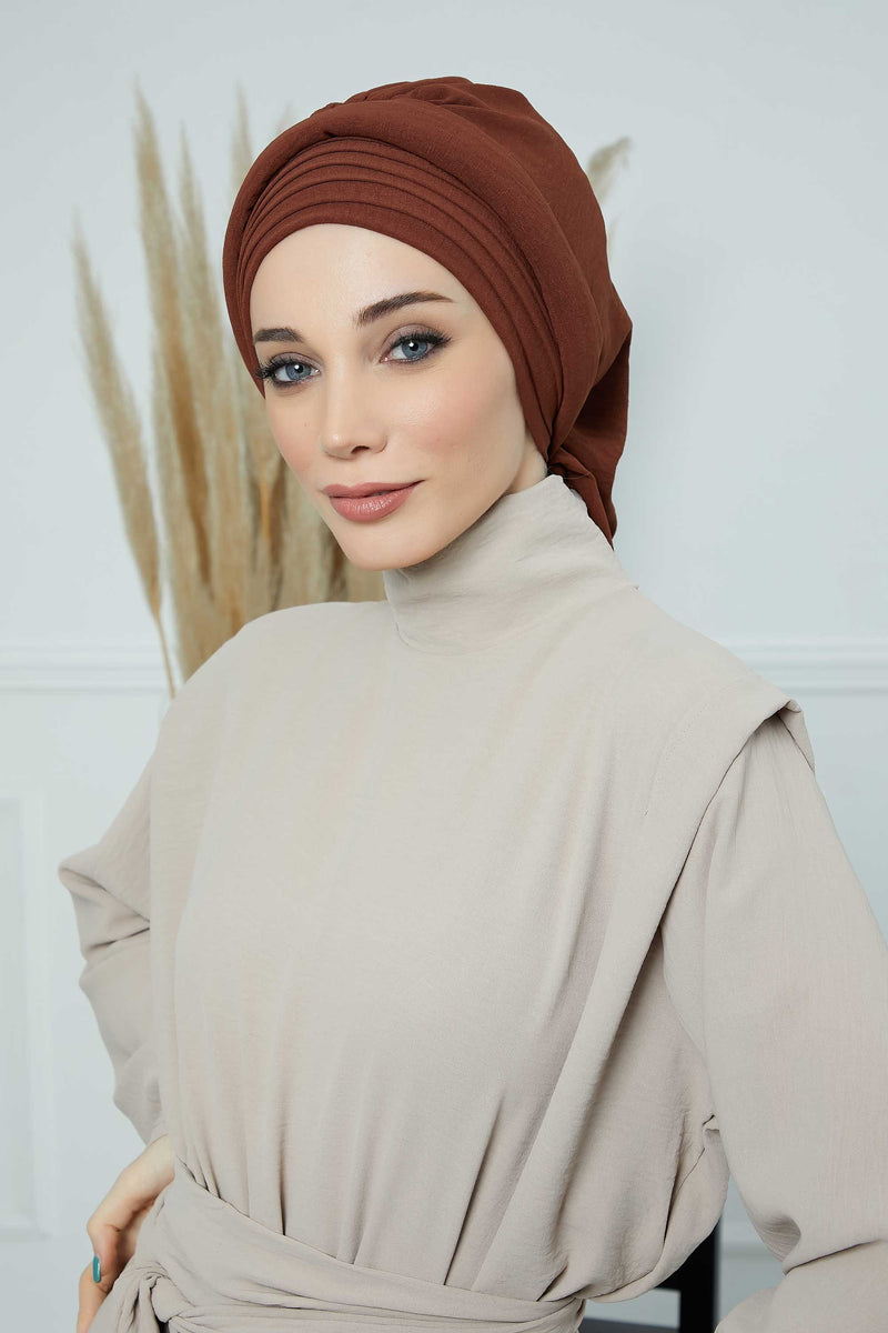 Pleated Aerobin Instant Turban for Women, Pre-Tied Modest Headwrap, Wrinkle-Resistant and Breathable Hijab Cap,HT-108A