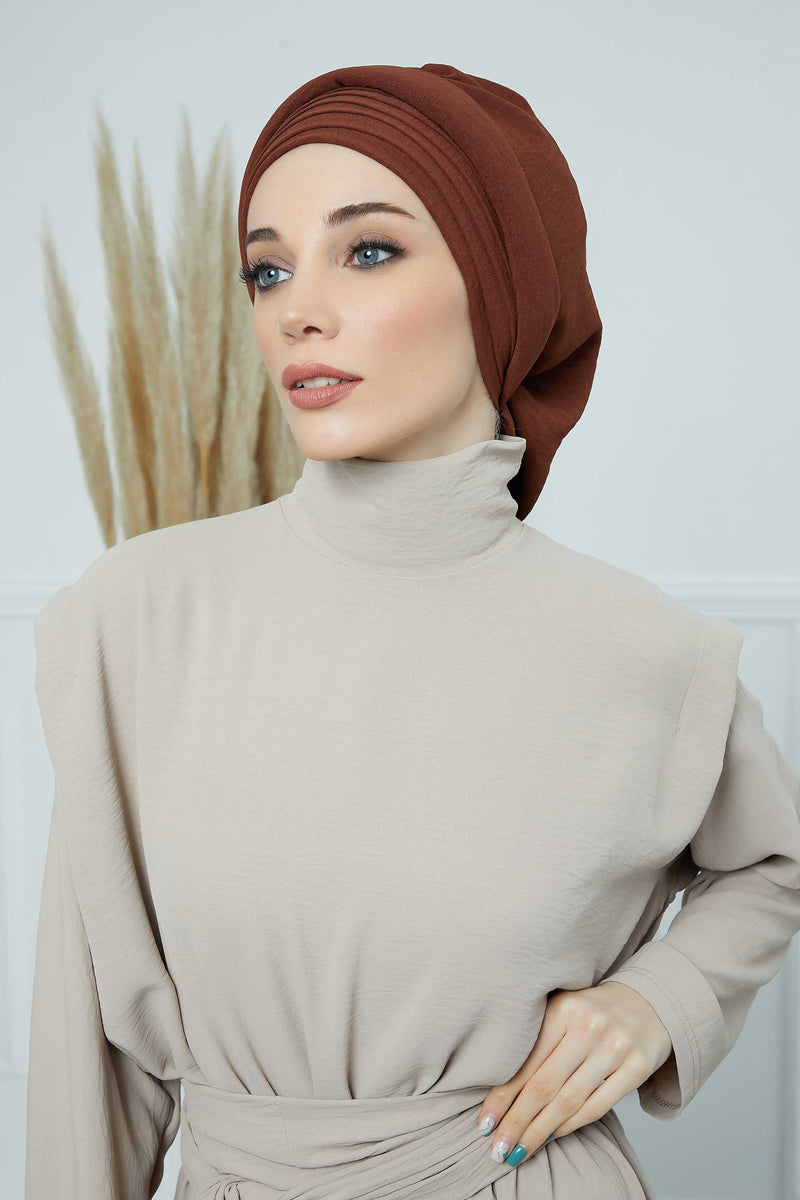 Pleated Aerobin Instant Turban for Women, Pre-Tied Modest Headwrap, Wrinkle-Resistant and Breathable Hijab Cap,HT-108A