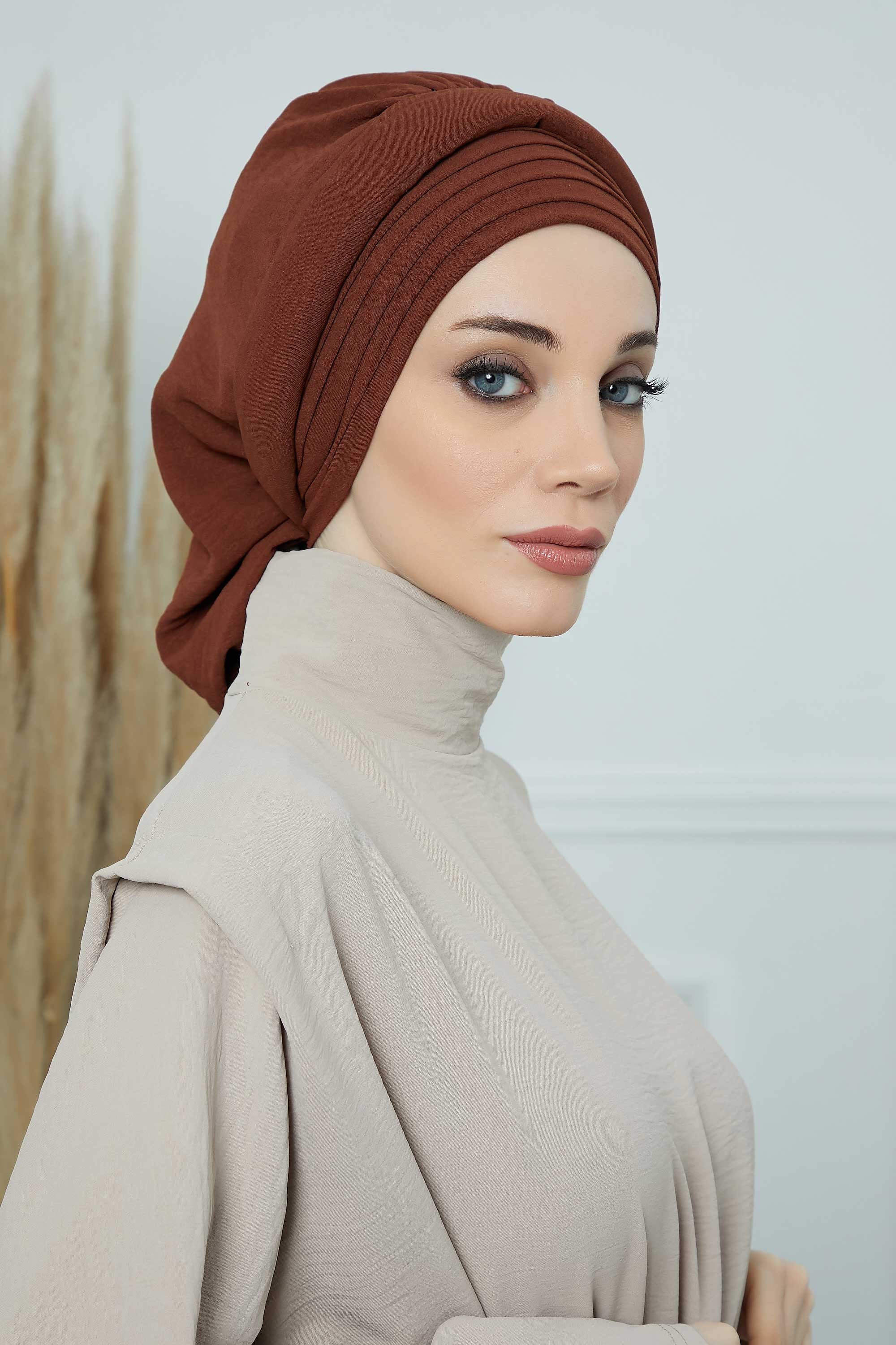Pleated Aerobin Instant Turban for Women, Pre-Tied Modest Headwrap, Wrinkle-Resistant and Breathable Hijab Cap,HT-108A