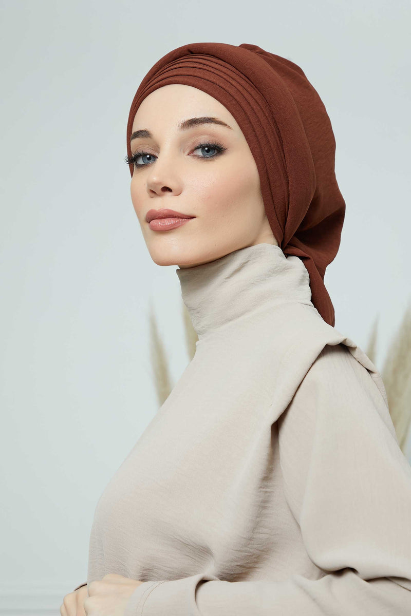 Pleated Aerobin Instant Turban for Women, Pre-Tied Modest Headwrap, Wrinkle-Resistant and Breathable Hijab Cap,HT-108A
