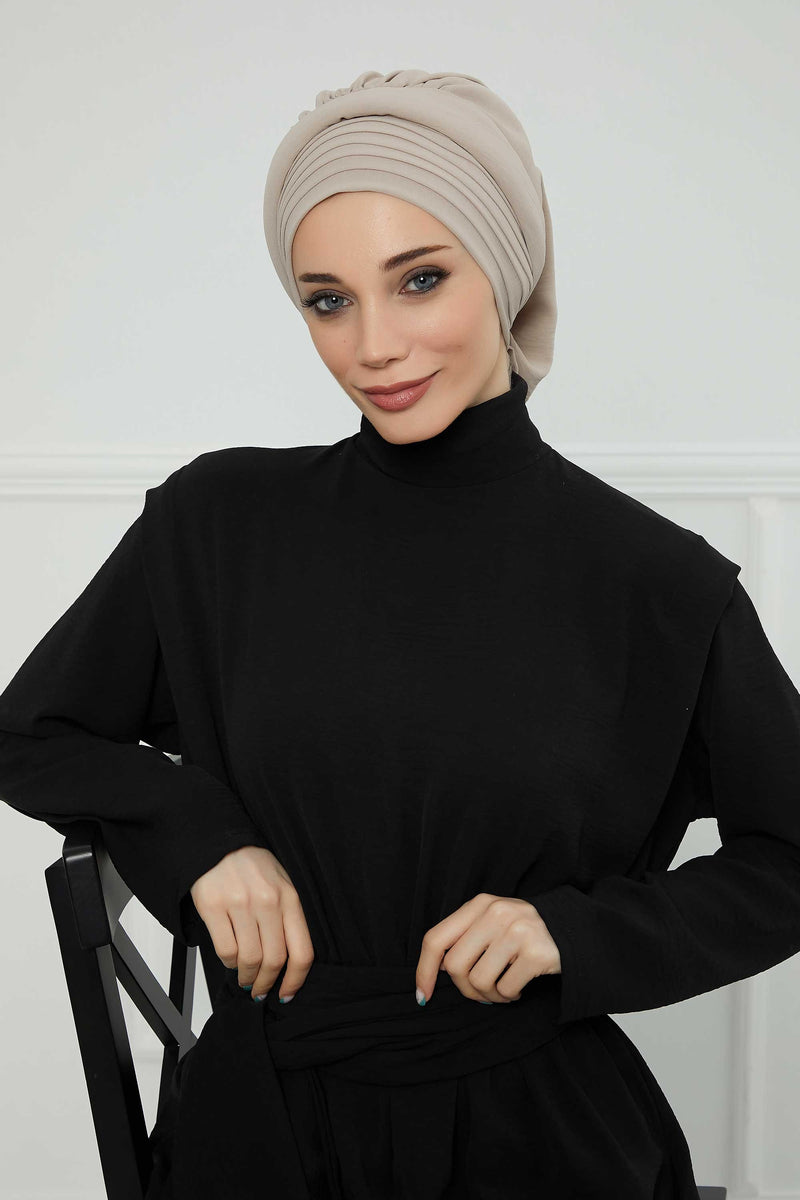 Pleated Aerobin Instant Turban for Women, Pre-Tied Modest Headwrap, Wrinkle-Resistant and Breathable Hijab Cap,HT-108A