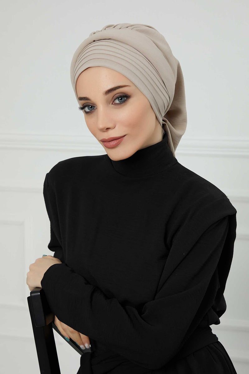 Pleated Aerobin Instant Turban for Women, Pre-Tied Modest Headwrap, Wrinkle-Resistant and Breathable Hijab Cap,HT-108A