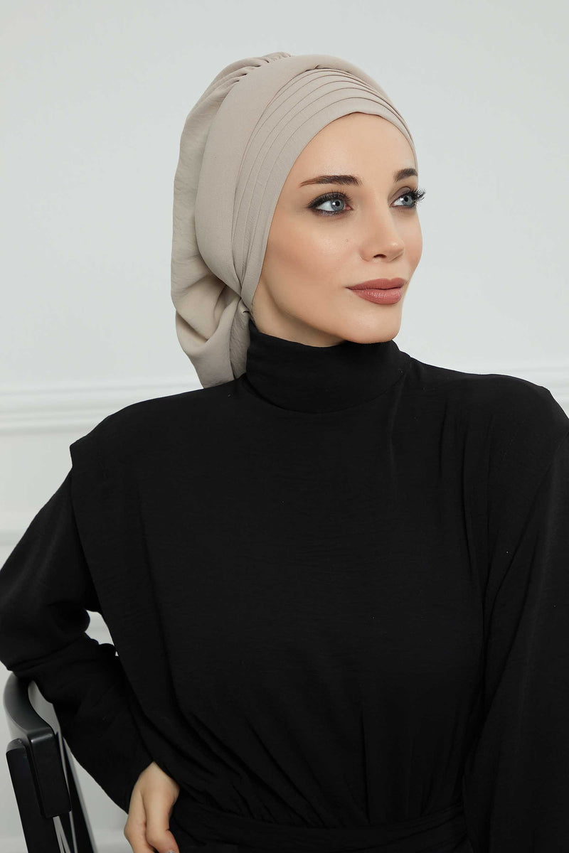Pleated Aerobin Instant Turban for Women, Pre-Tied Modest Headwrap, Wrinkle-Resistant and Breathable Hijab Cap,HT-108A