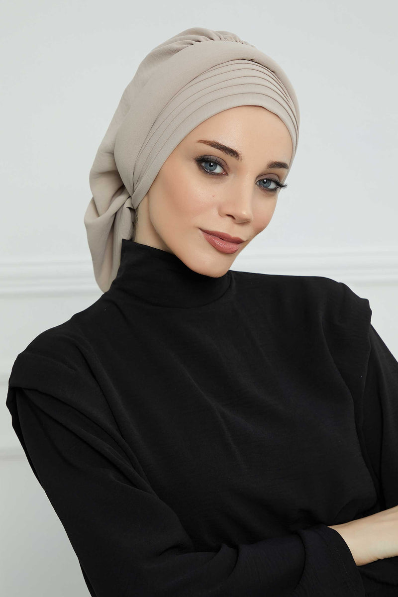 Pleated Aerobin Instant Turban for Women, Pre-Tied Modest Headwrap, Wrinkle-Resistant and Breathable Hijab Cap,HT-108A