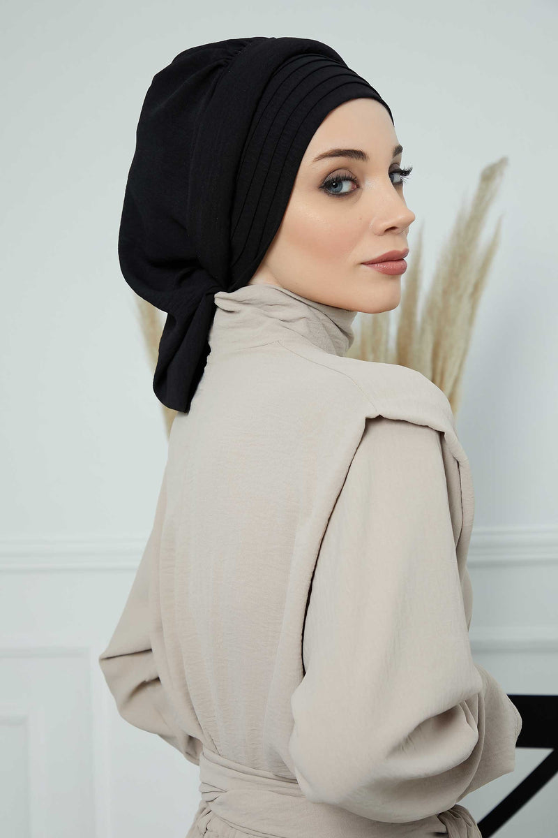 Pleated Aerobin Instant Turban for Women, Pre-Tied Modest Headwrap, Wrinkle-Resistant and Breathable Hijab Cap,HT-108A