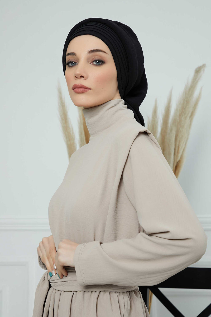 Pleated Aerobin Instant Turban for Women, Pre-Tied Modest Headwrap, Wrinkle-Resistant and Breathable Hijab Cap,HT-108A