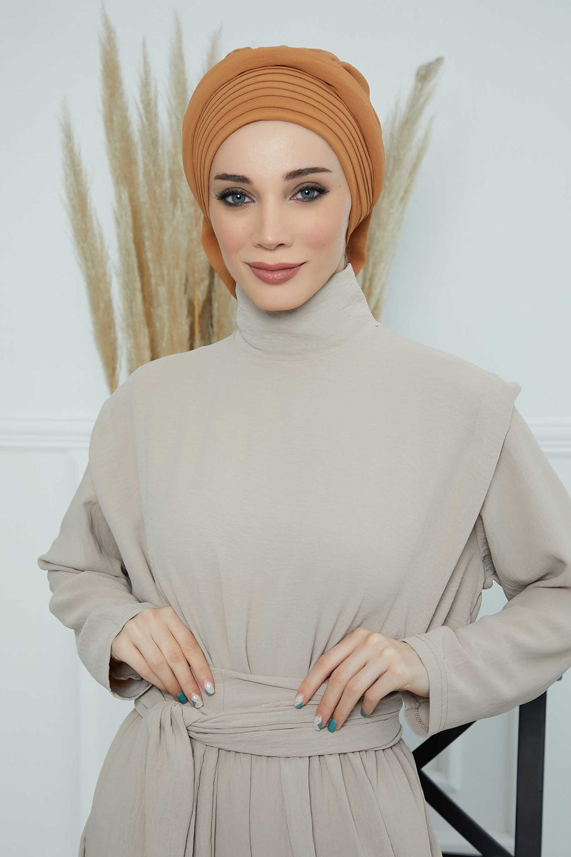 Pleated Aerobin Instant Turban for Women, Pre-Tied Modest Headwrap, Wrinkle-Resistant and Breathable Hijab Cap,HT-108A