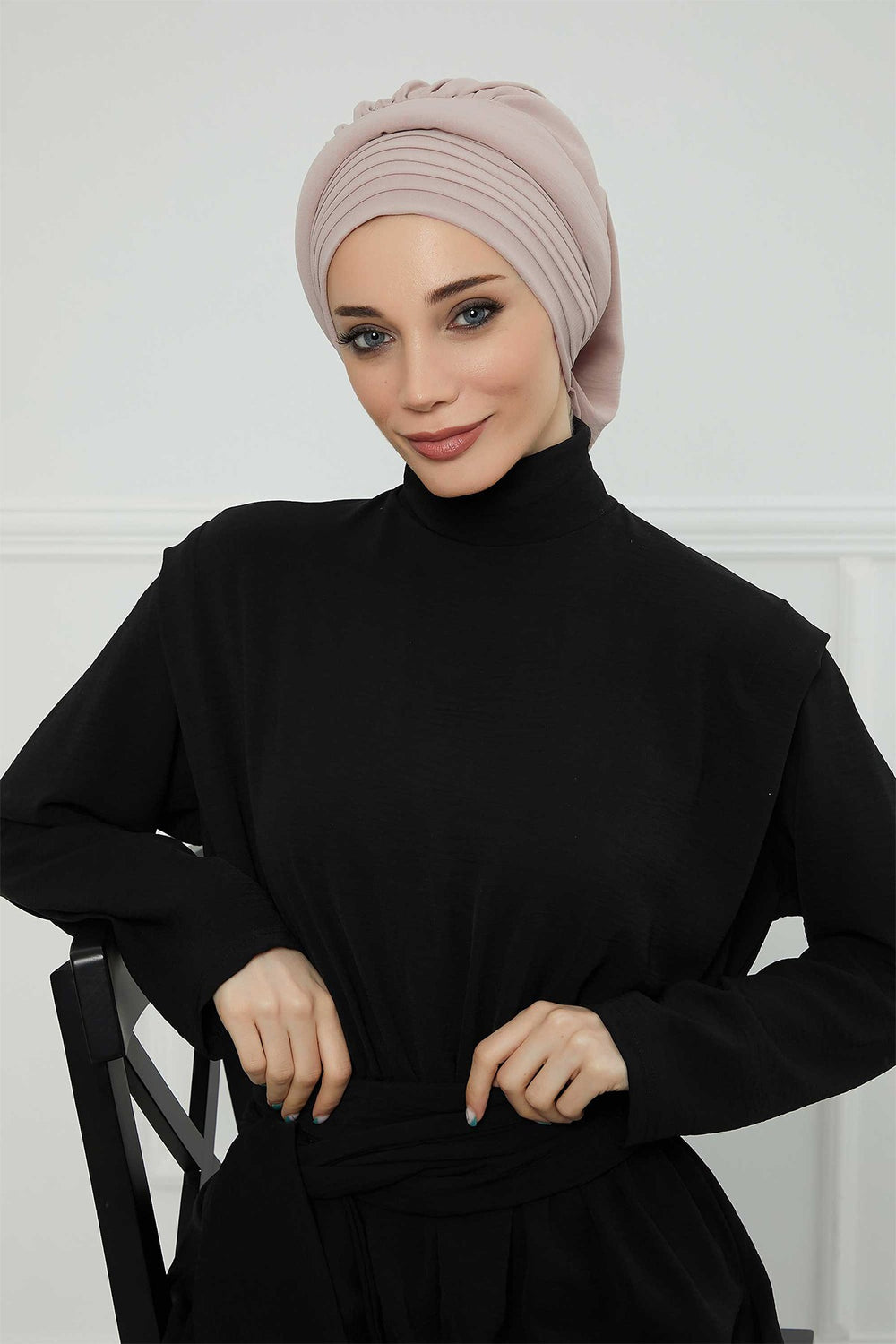 Pleated Aerobin Instant Turban for Women, Pre-Tied Modest Headwrap, Wrinkle-Resistant and Breathable Hijab Cap,HT-108A Mink