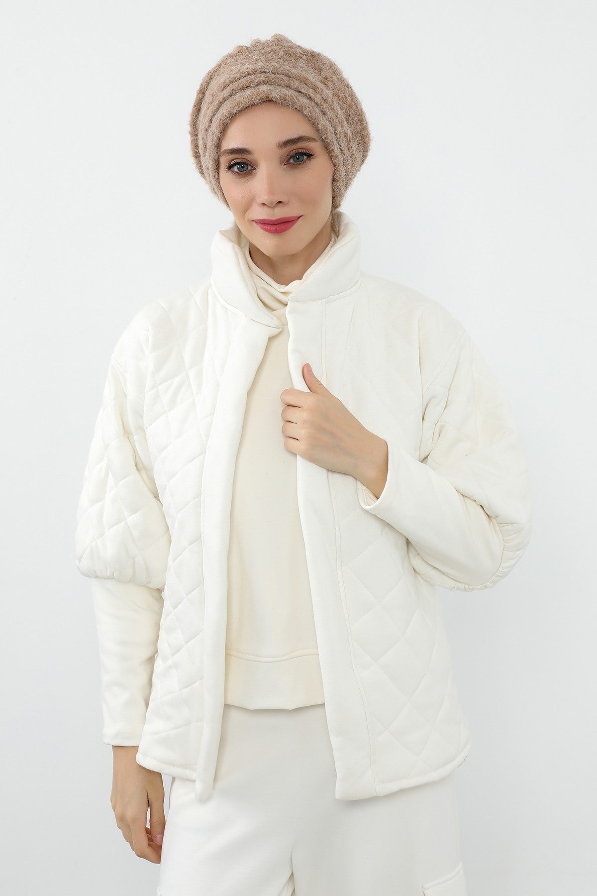 Pleated Bouclé Wool Winter Hijab Cap, Soft Textured Modest Women’s Beanie,B-98TK