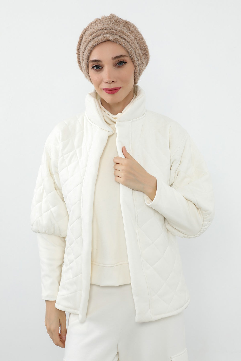 Pleated Bouclé Wool Winter Hijab Cap, Soft Textured Modest Women’s Beanie,B-98TK