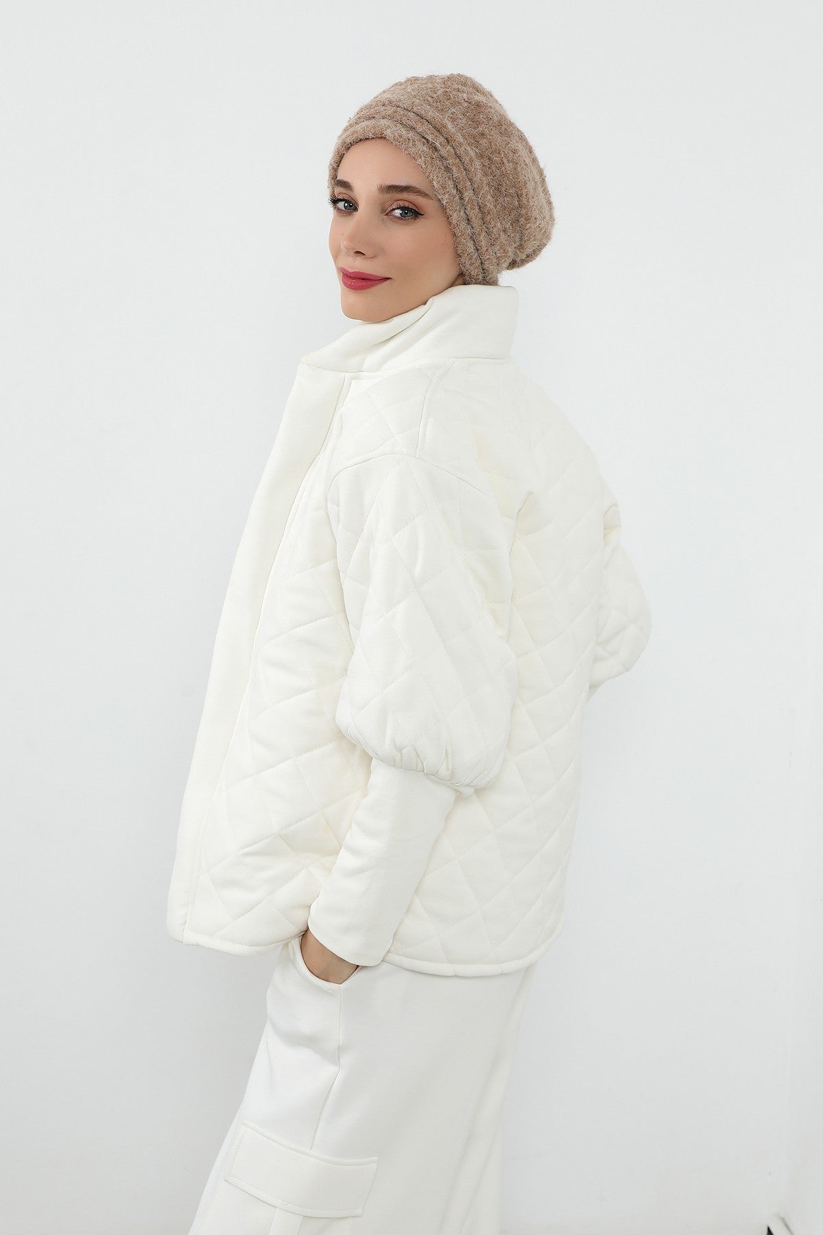 Pleated Bouclé Wool Winter Hijab Cap, Soft Textured Modest Women’s Beanie,B-98TK