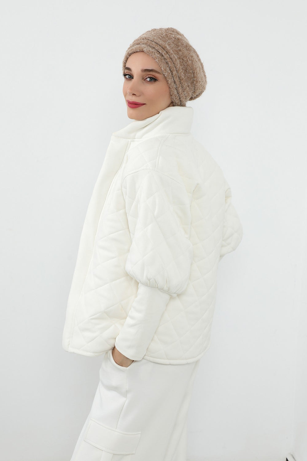 Pleated Bouclé Wool Winter Hijab Cap, Soft Textured Modest Women’s Beanie,B-98TK