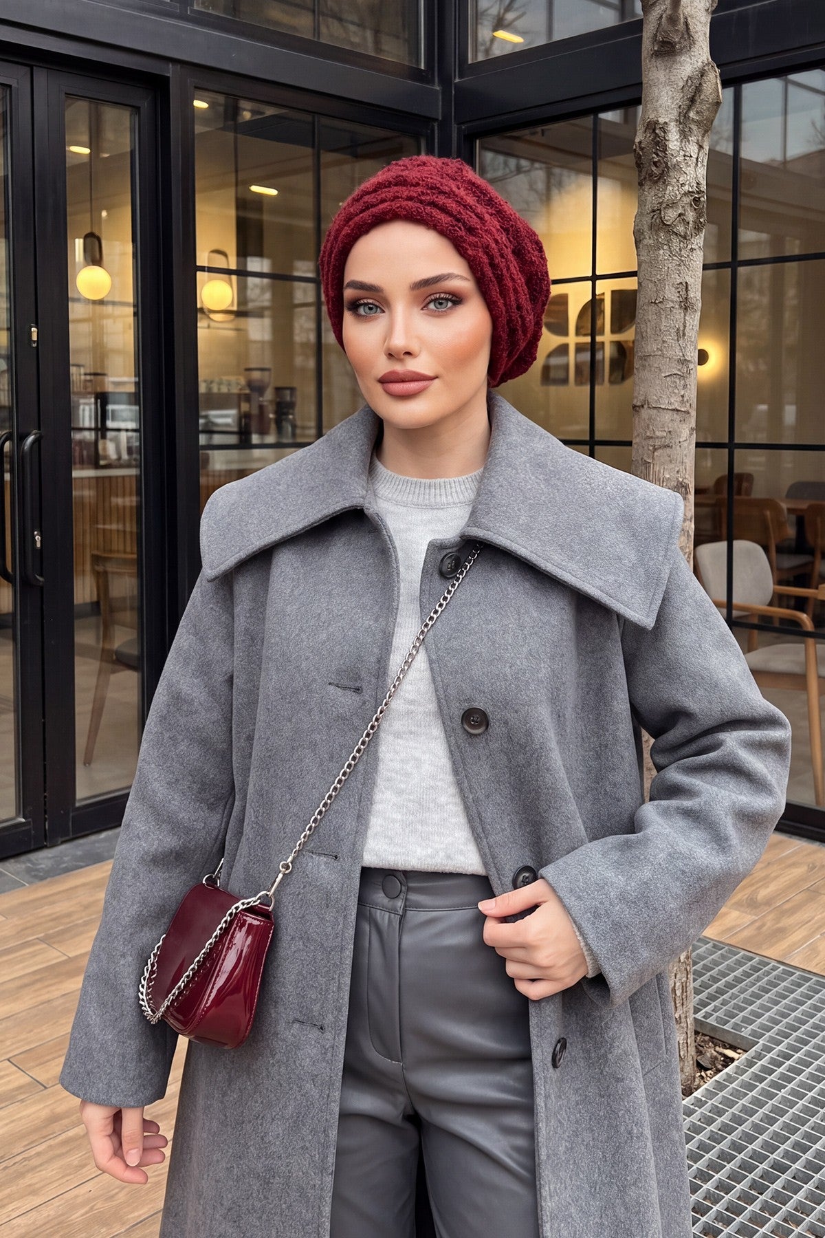 Pleated Bouclé Wool Winter Hijab Cap, Soft Textured Modest Women’s Beanie,B-98TK Maroon