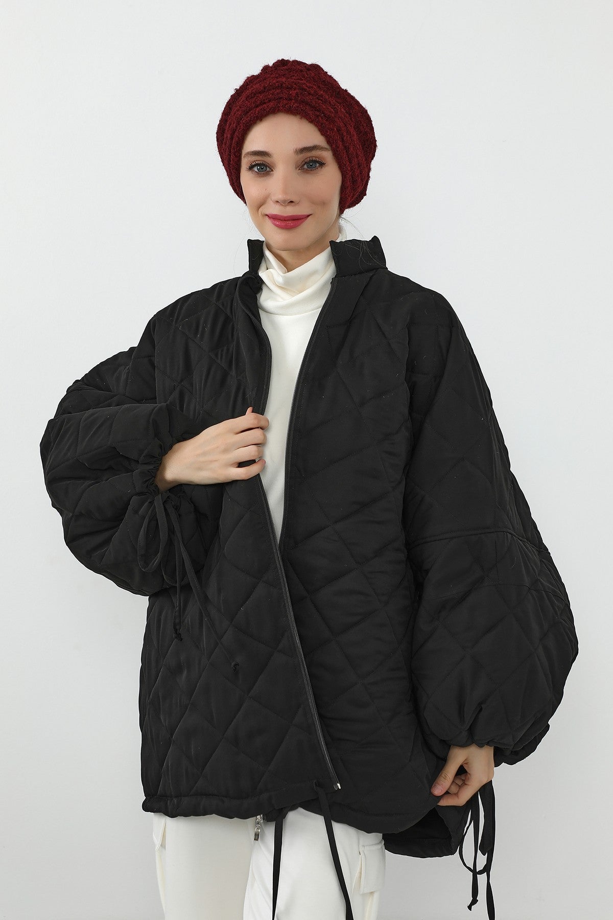 Pleated Bouclé Wool Winter Hijab Cap, Soft Textured Modest Women’s Beanie,B-98TK