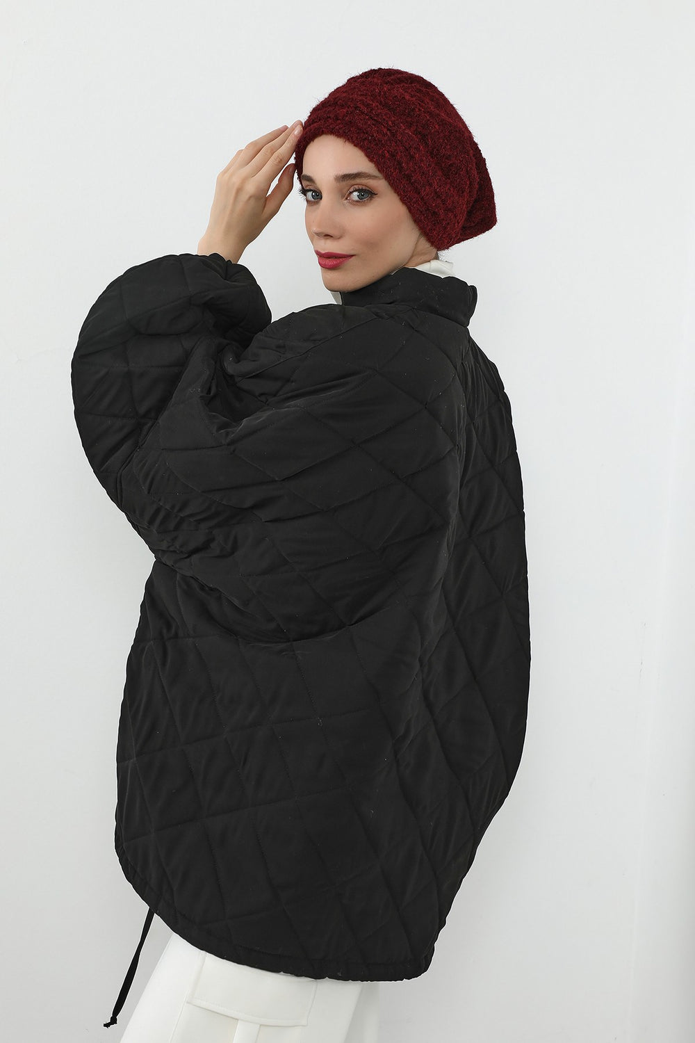 Pleated Bouclé Wool Winter Hijab Cap, Soft Textured Modest Women’s Beanie,B-98TK