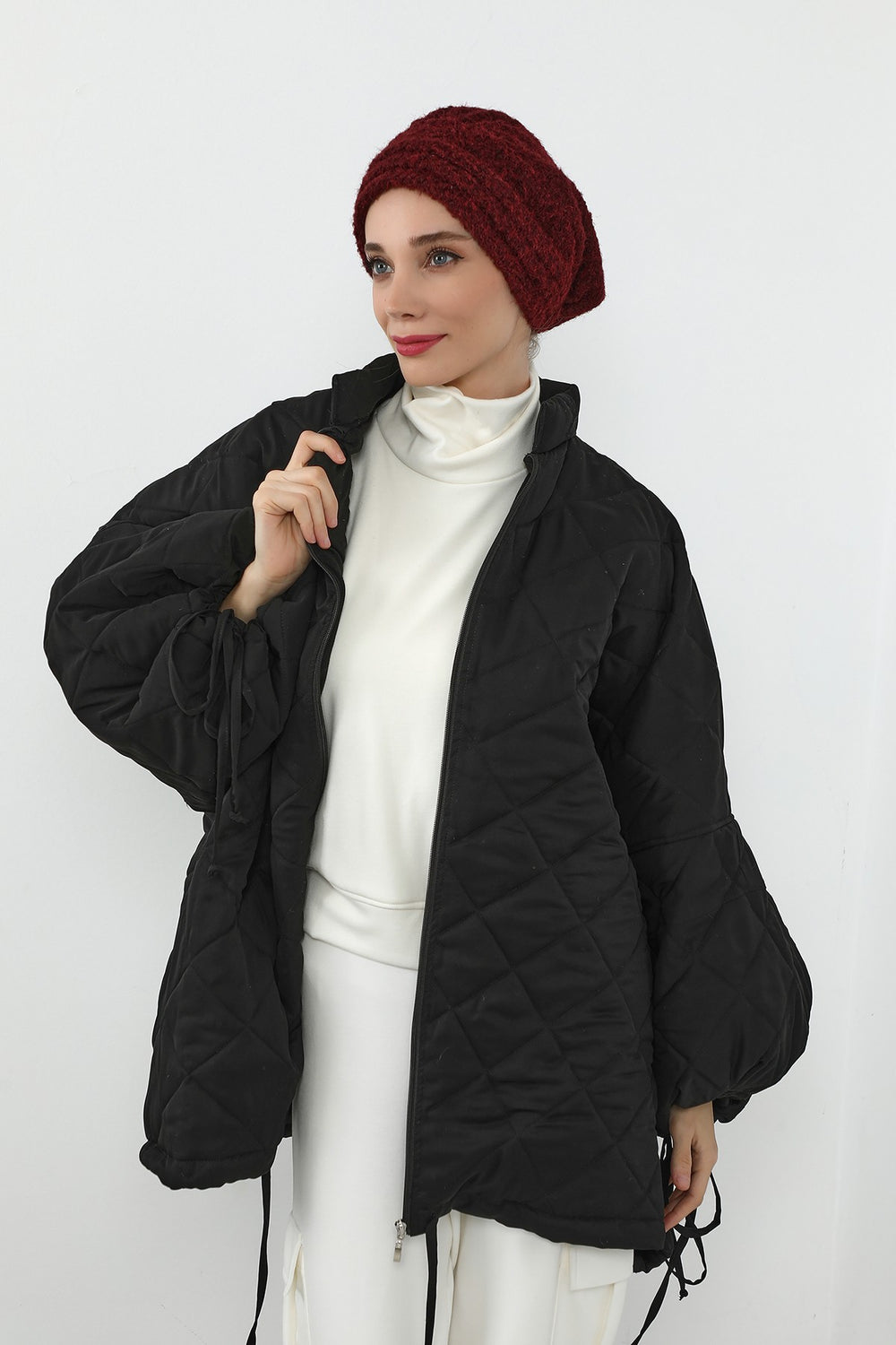 Pleated Bouclé Wool Winter Hijab Cap, Soft Textured Modest Women’s Beanie,B-98TK