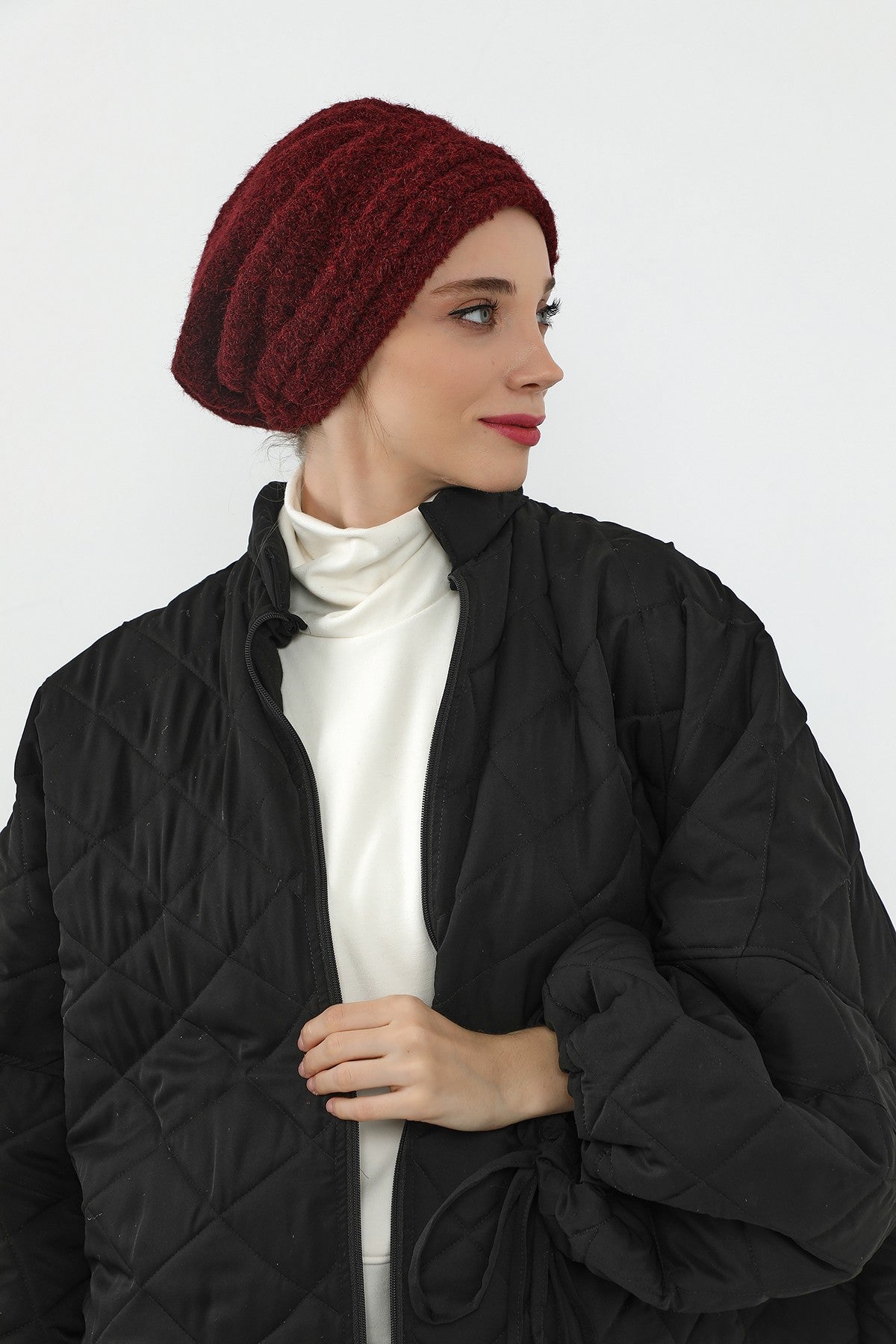 Pleated Bouclé Wool Winter Hijab Cap, Soft Textured Modest Women’s Beanie,B-98TK