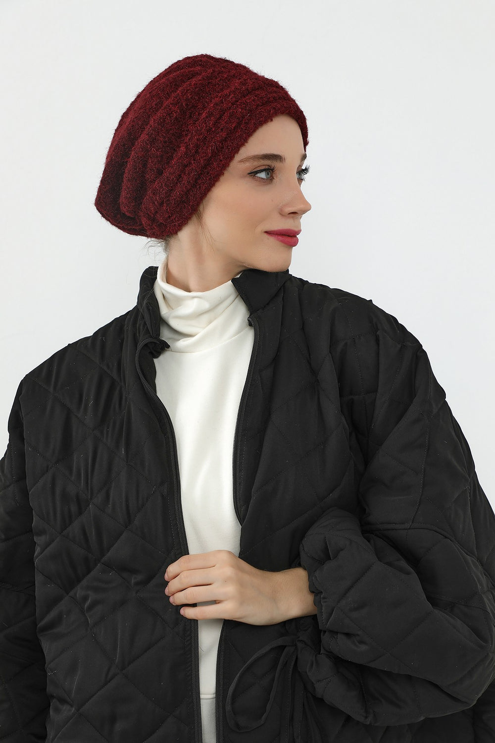 Pleated Bouclé Wool Winter Hijab Cap, Soft Textured Modest Women’s Beanie,B-98TK