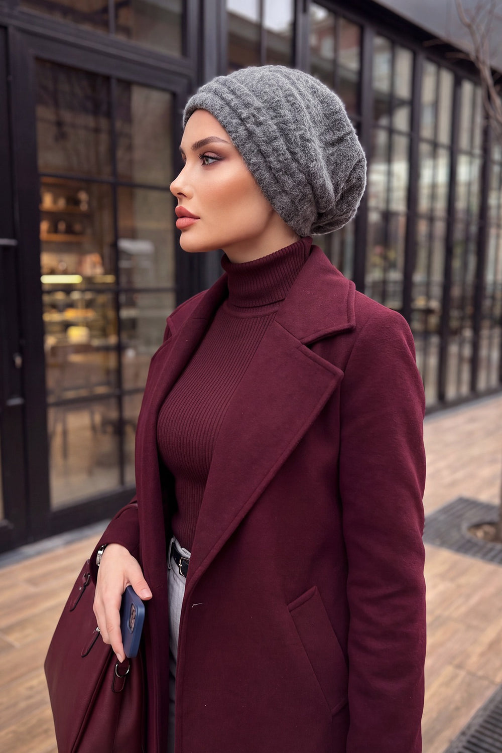 Pleated Bouclé Wool Winter Hijab Cap, Soft Textured Modest Women’s Beanie,B-98TK