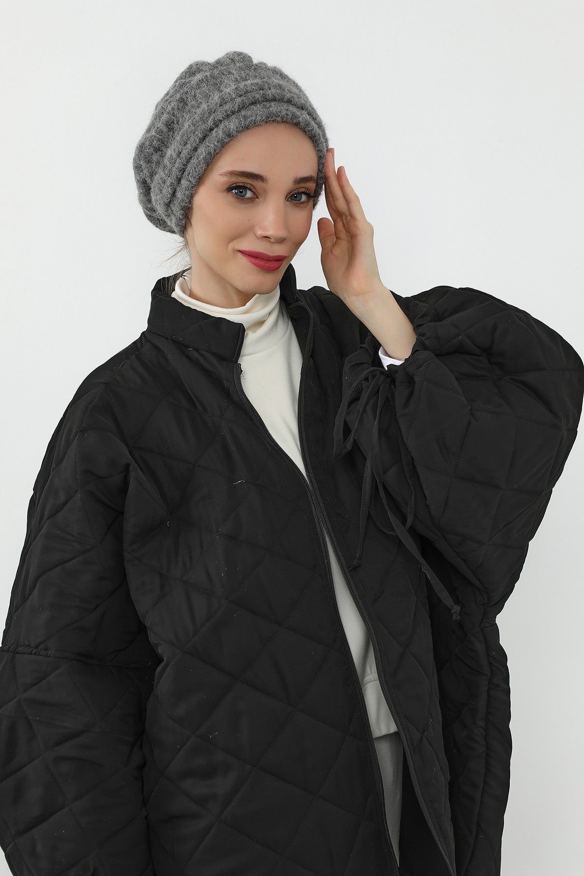 Pleated Bouclé Wool Winter Hijab Cap, Soft Textured Modest Women’s Beanie,B-98TK