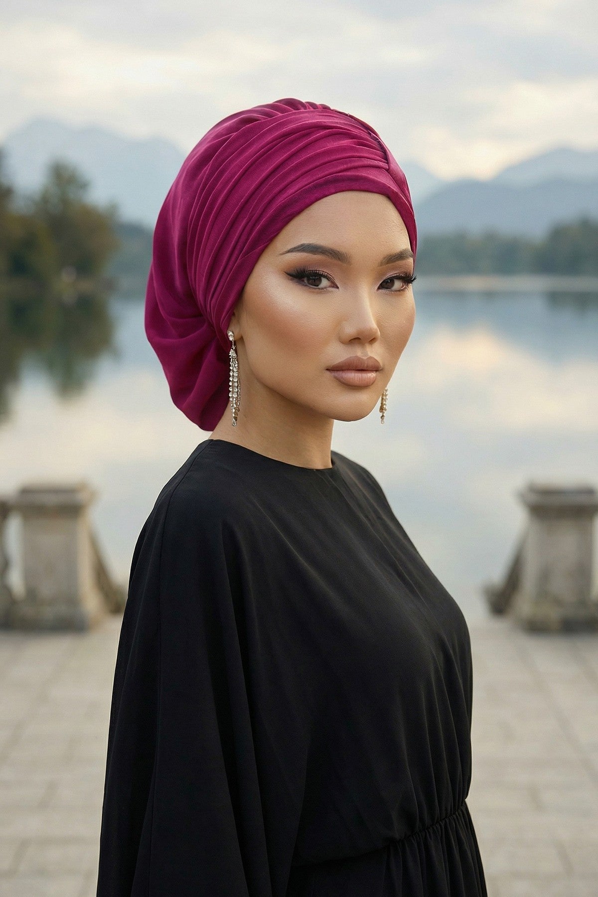 Pleated Chiffon Instant Turban for Women, Pre-Tied Elegant Hijab Cap, Lightweight Modest Headwrap for Daily & Formal Wear,HT-107 Fuchsia