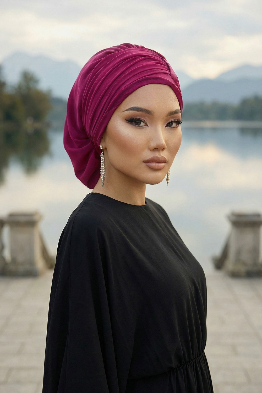 Pleated Chiffon Instant Turban for Women, Pre-Tied Elegant Hijab Cap, Lightweight Modest Headwrap for Daily & Formal Wear,HT-107 Fuchsia