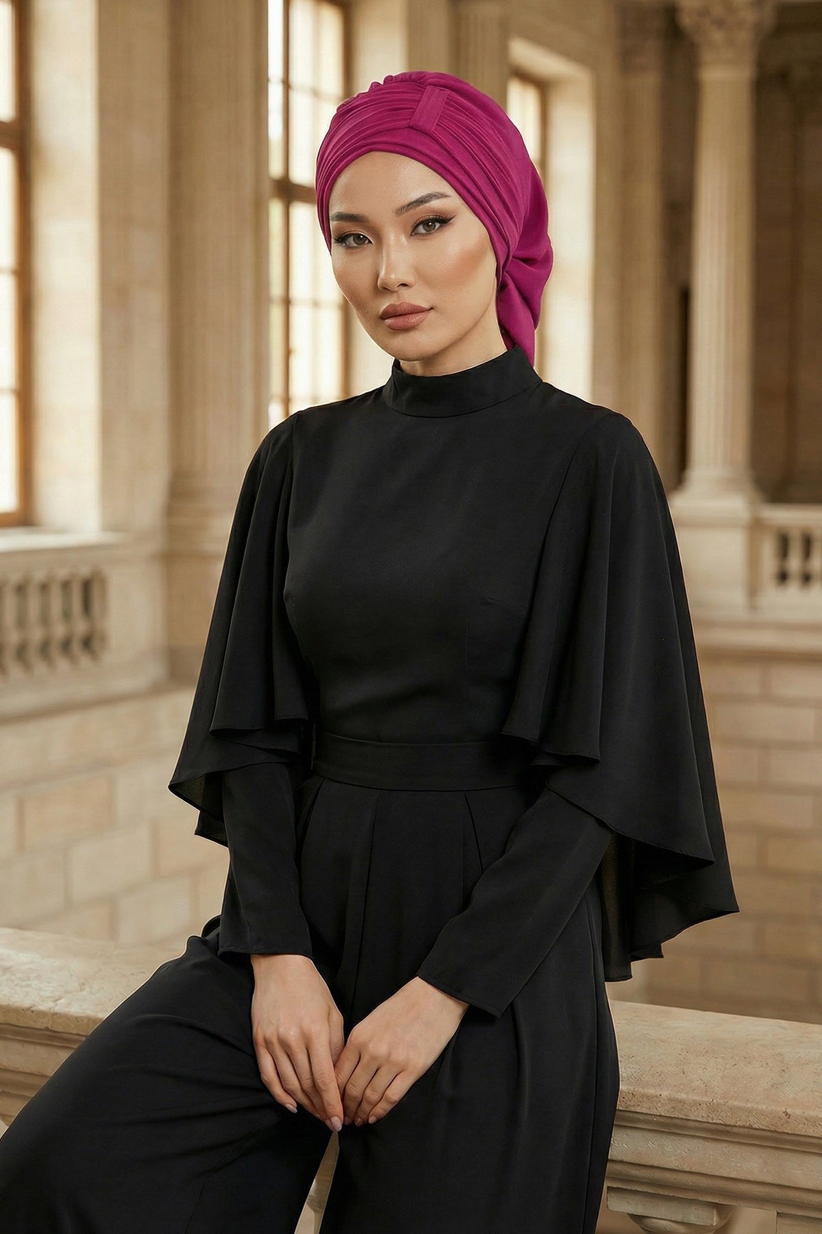 Pleated Chiffon Instant Turban for Women, Pre-Tied Elegant Hijab Cap, Lightweight Modest Headwrap for Daily & Formal Wear,HT-107 Fuchsia