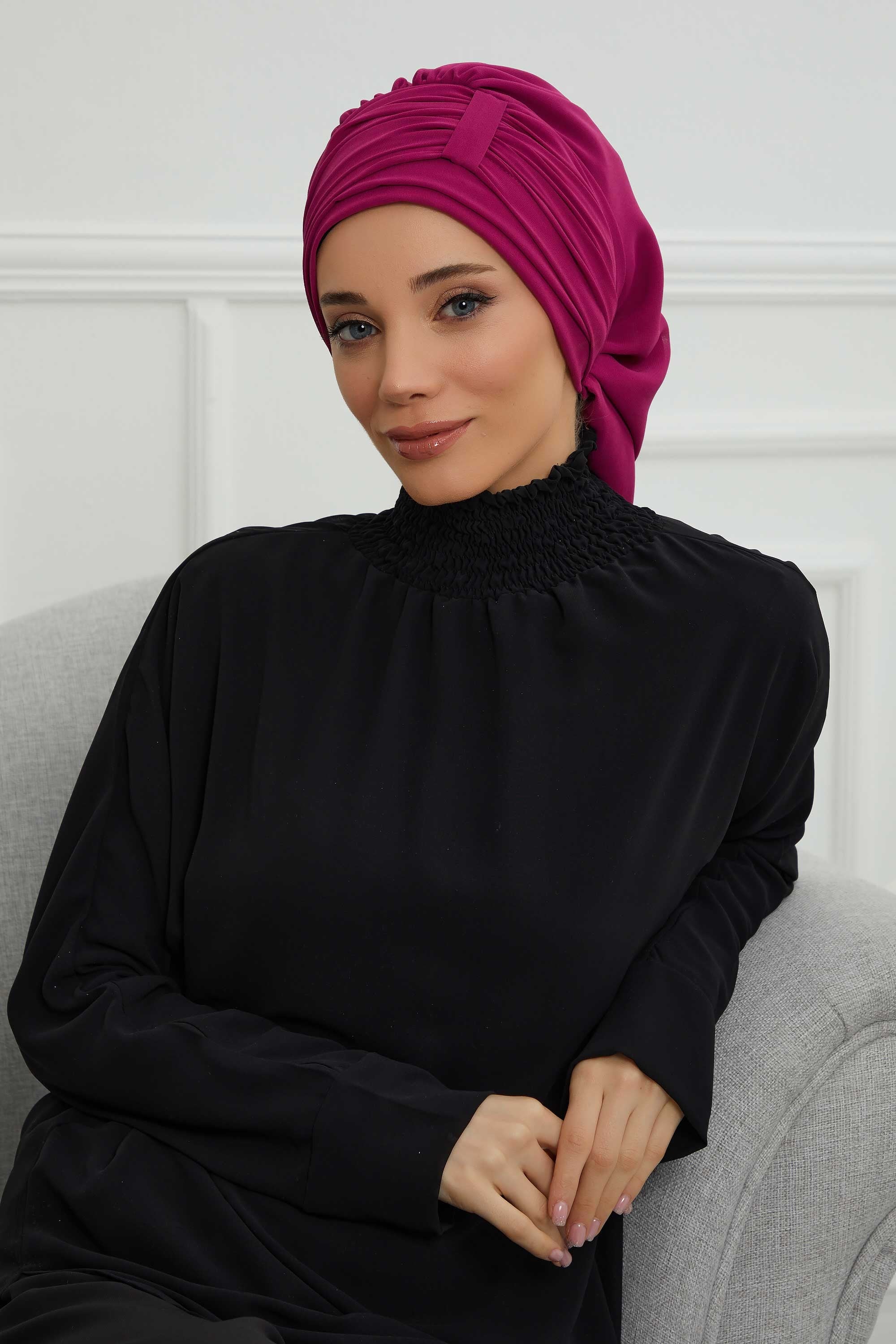 Pleated Chiffon Instant Turban for Women, Pre-Tied Elegant Hijab Cap, Lightweight Modest Headwrap for Daily & Formal Wear,HT-107 Fuchsia
