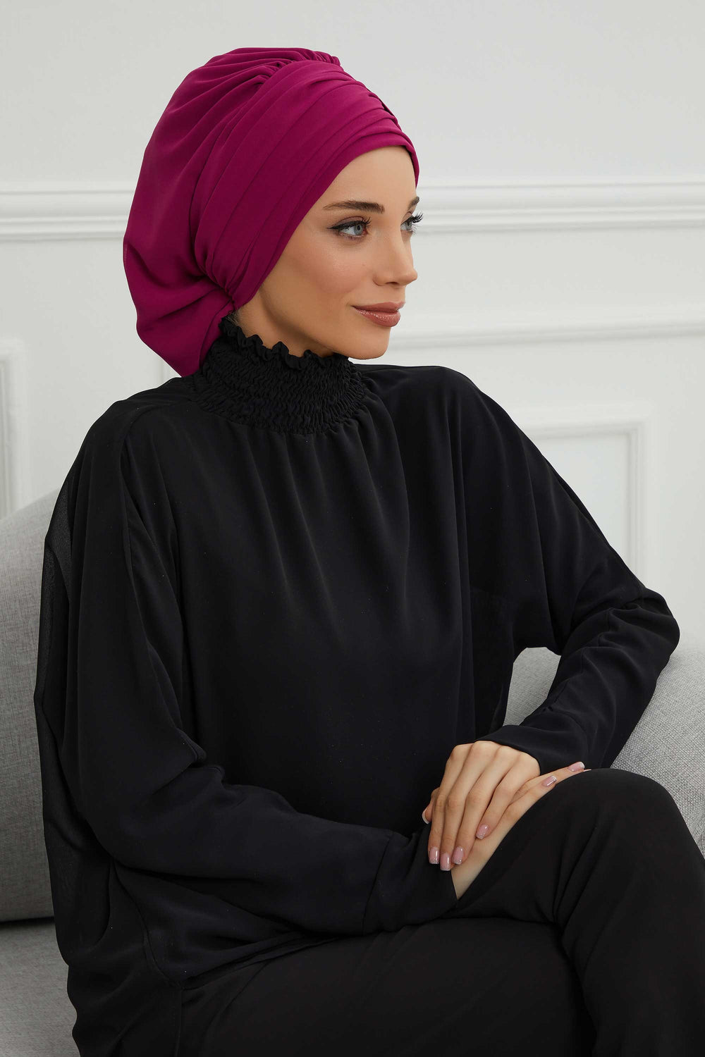 Pleated Chiffon Instant Turban for Women, Pre-Tied Elegant Hijab Cap, Lightweight Modest Headwrap for Daily & Formal Wear,HT-107 Fuchsia