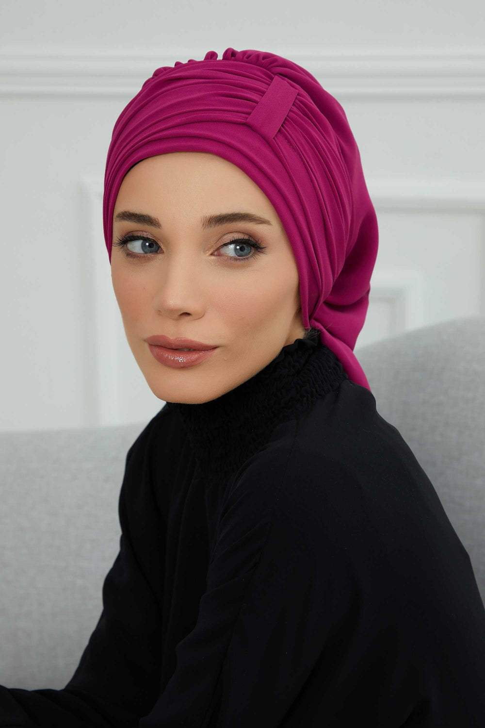 Pleated Chiffon Instant Turban for Women, Pre-Tied Elegant Hijab Cap, Lightweight Modest Headwrap for Daily & Formal Wear,HT-107 Fuchsia