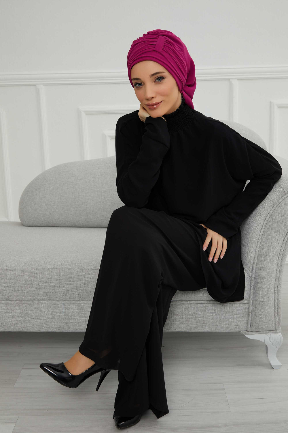 Pleated Chiffon Instant Turban for Women, Pre-Tied Elegant Hijab Cap, Lightweight Modest Headwrap for Daily & Formal Wear,HT-107 Fuchsia