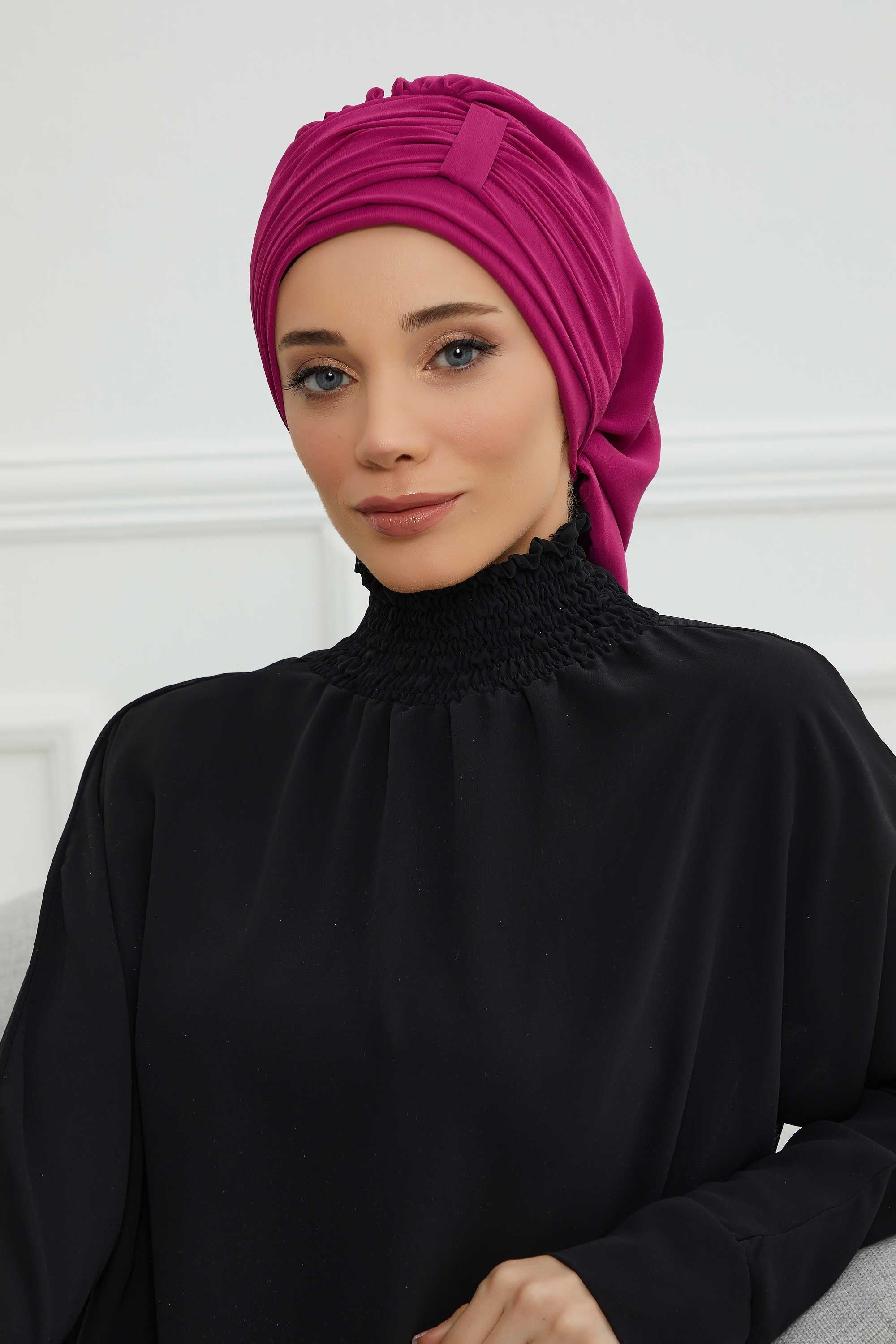 Pleated Chiffon Instant Turban for Women, Pre-Tied Elegant Hijab Cap, Lightweight Modest Headwrap for Daily & Formal Wear,HT-107 Fuchsia