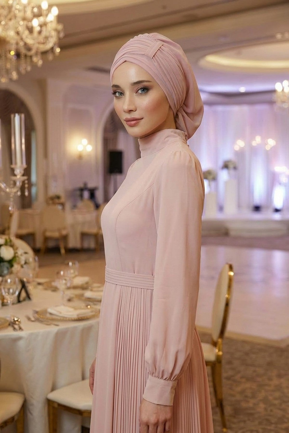 Pleated Chiffon Instant Turban for Women, Pre-Tied Elegant Hijab Cap, Lightweight Modest Headwrap for Daily & Formal Wear,HT-107 Powder