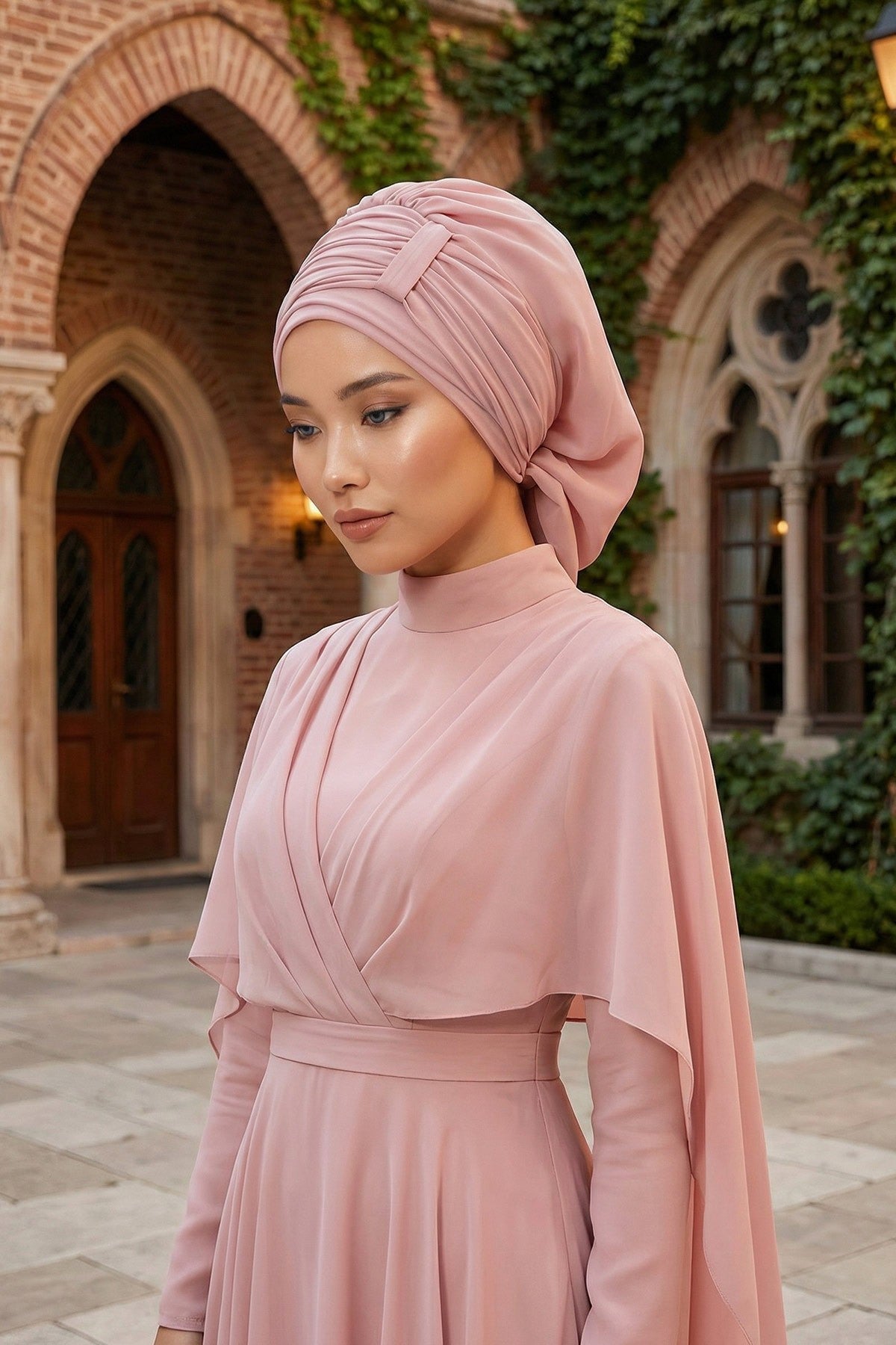 Pleated Chiffon Instant Turban for Women, Pre-Tied Elegant Hijab Cap, Lightweight Modest Headwrap for Daily & Formal Wear,HT-107 Powder