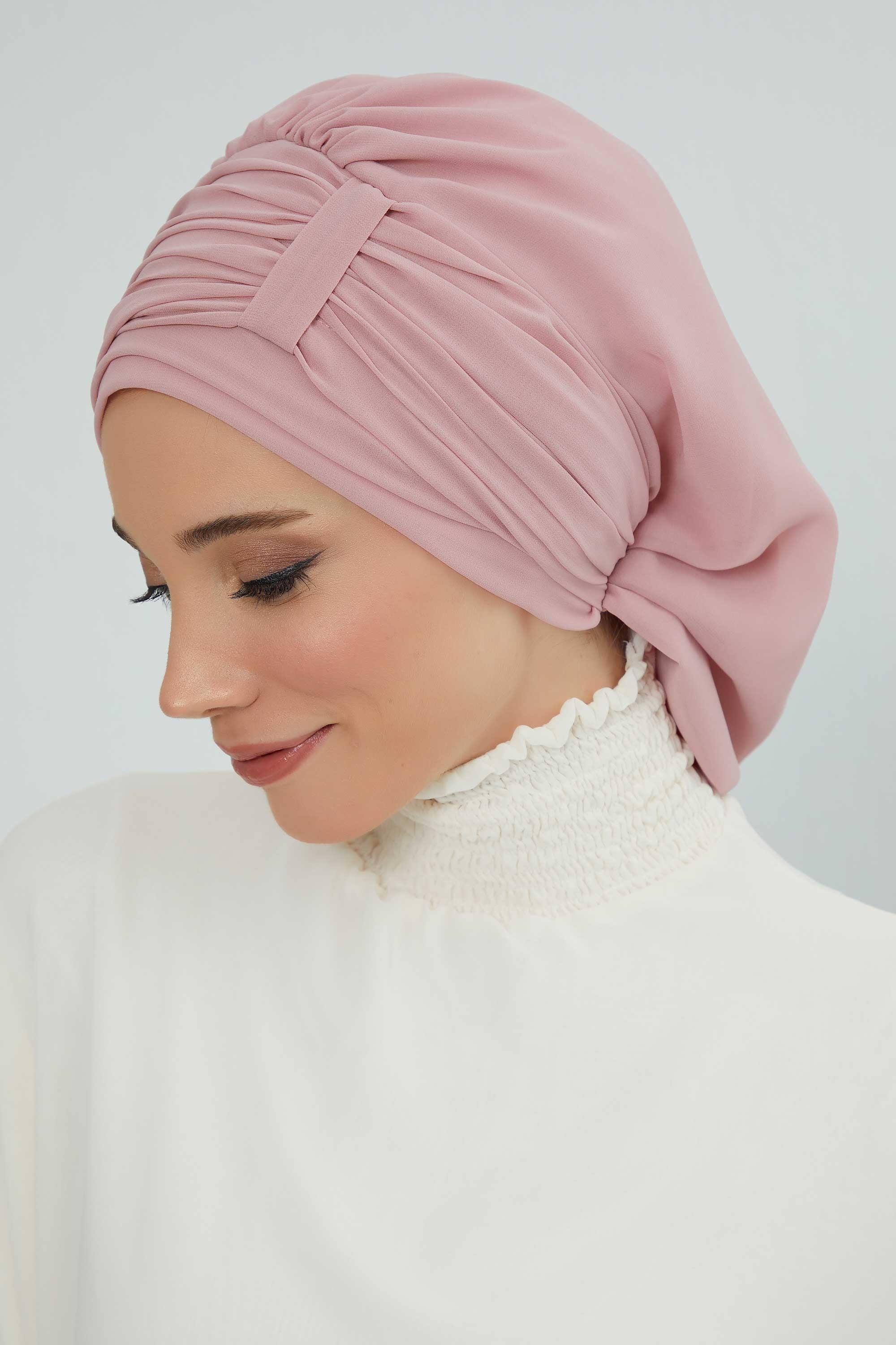 Pleated Chiffon Instant Turban for Women, Pre-Tied Elegant Hijab Cap, Lightweight Modest Headwrap for Daily & Formal Wear,HT-107 Powder