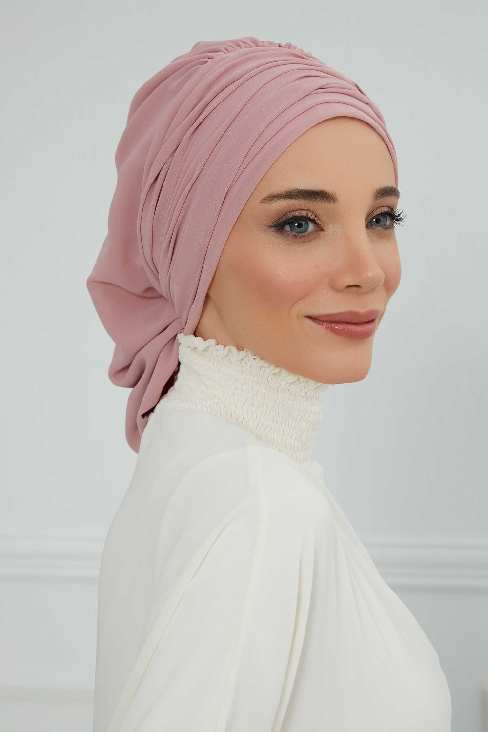Pleated Chiffon Instant Turban for Women, Pre-Tied Elegant Hijab Cap, Lightweight Modest Headwrap for Daily & Formal Wear,HT-107 Powder