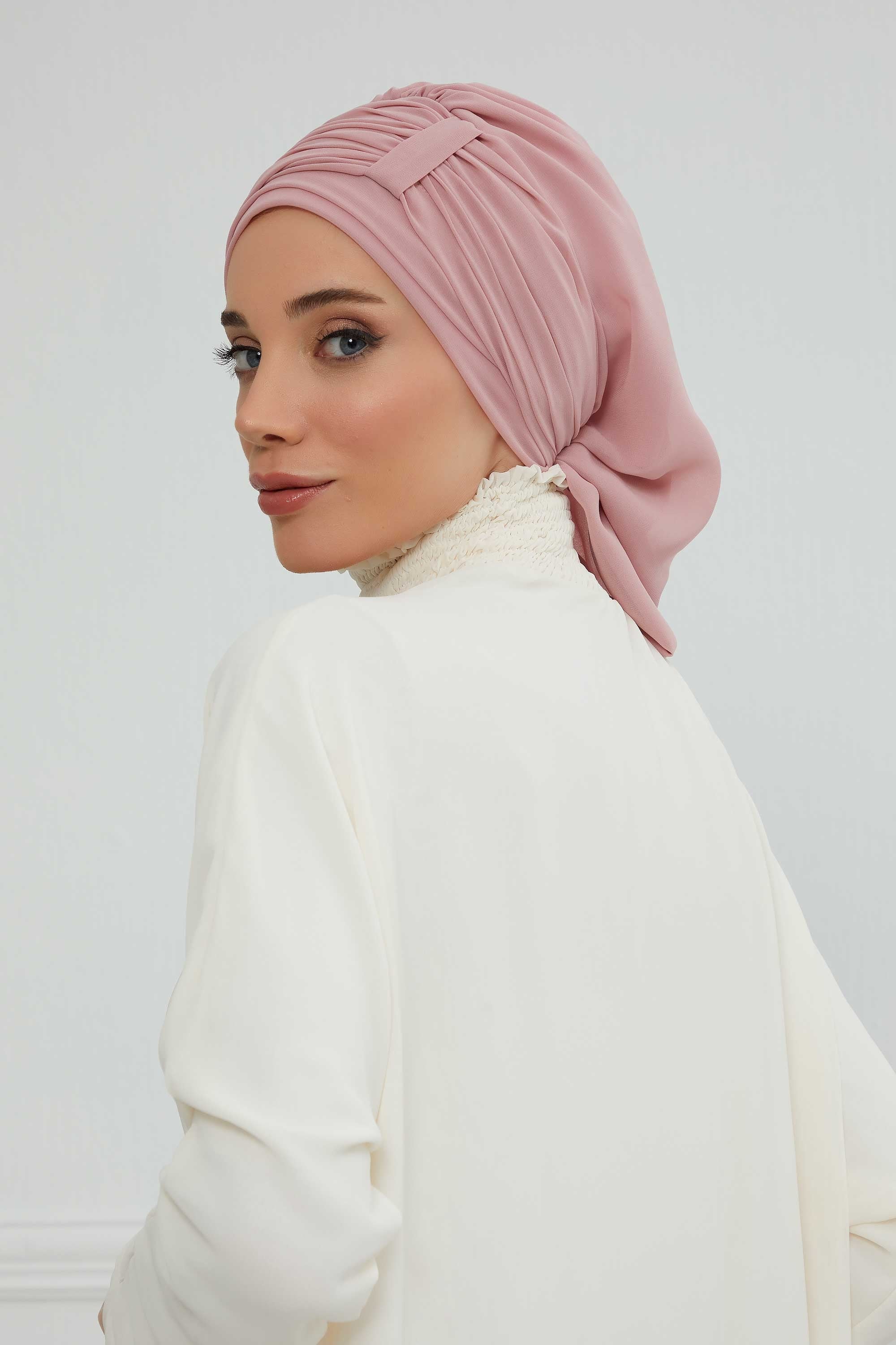 Pleated Chiffon Instant Turban for Women, Pre-Tied Elegant Hijab Cap, Lightweight Modest Headwrap for Daily & Formal Wear,HT-107 Powder