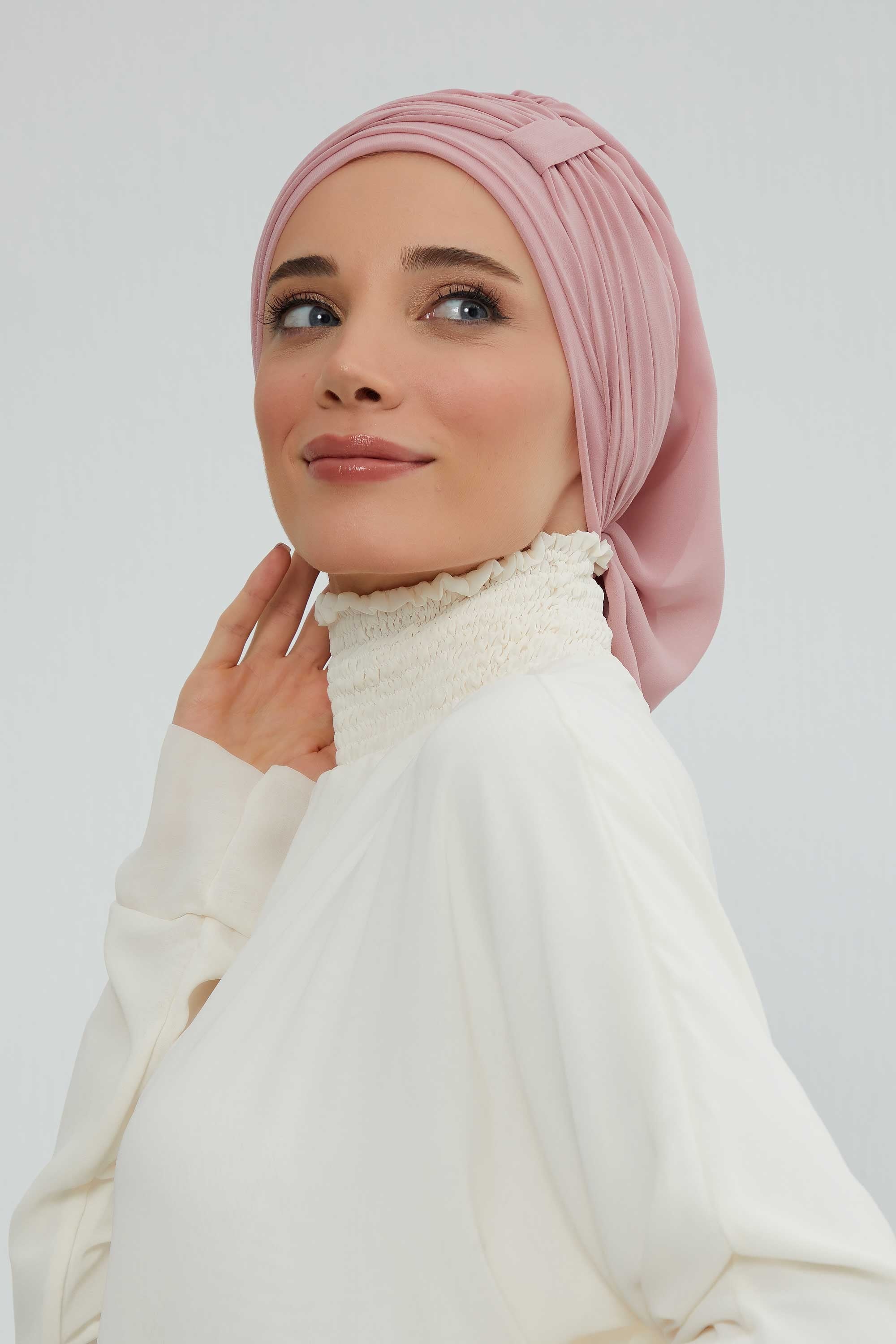 Pleated Chiffon Instant Turban for Women, Pre-Tied Elegant Hijab Cap, Lightweight Modest Headwrap for Daily & Formal Wear,HT-107 Powder