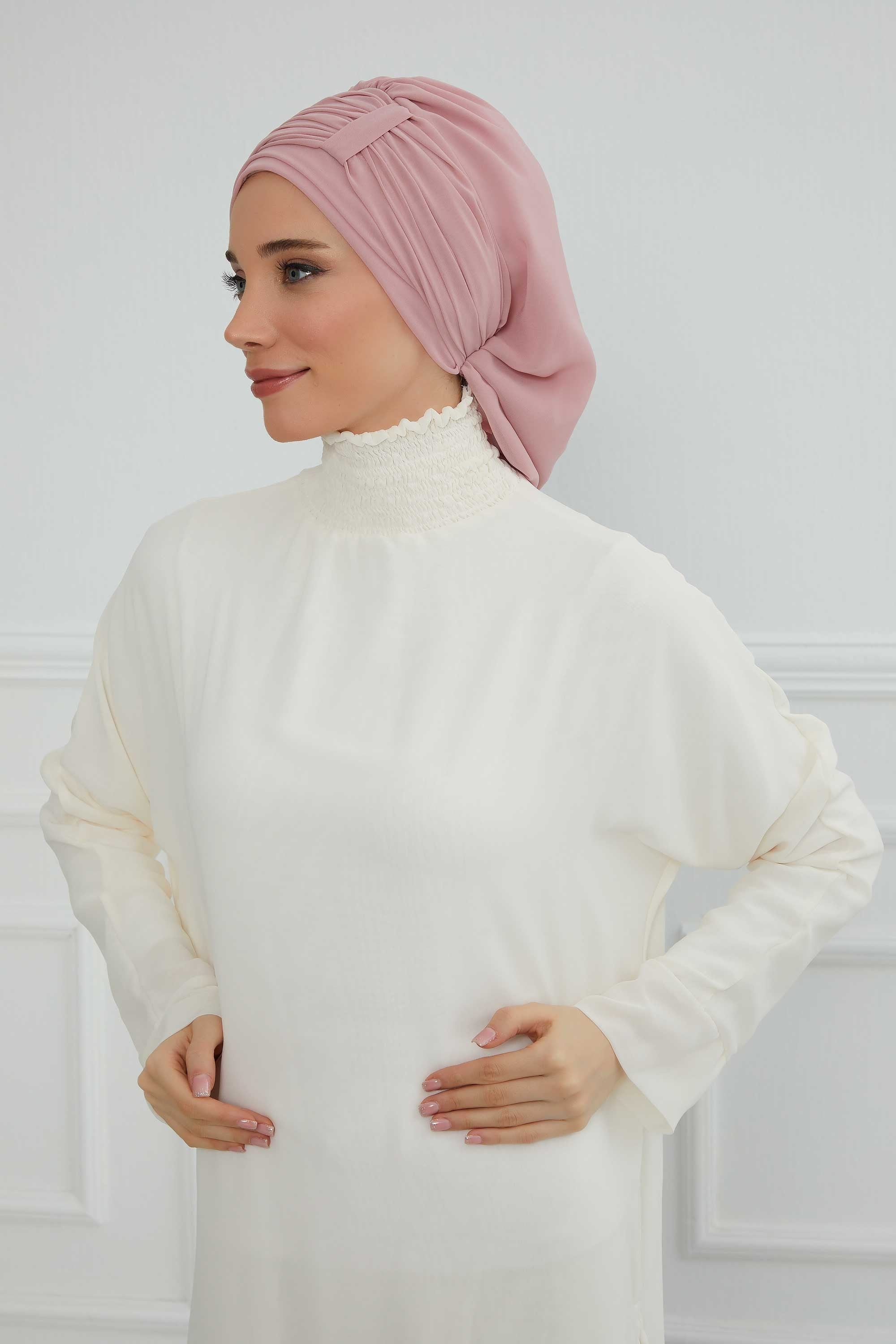 Pleated Chiffon Instant Turban for Women, Pre-Tied Elegant Hijab Cap, Lightweight Modest Headwrap for Daily & Formal Wear,HT-107 Powder
