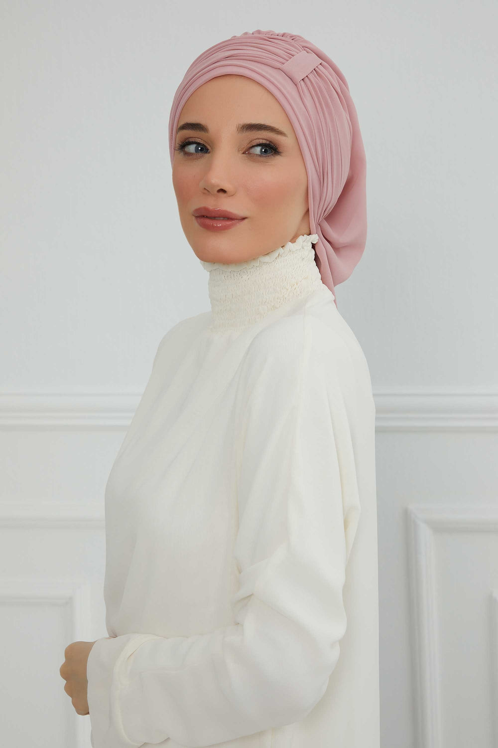Pleated Chiffon Instant Turban for Women, Pre-Tied Elegant Hijab Cap, Lightweight Modest Headwrap for Daily & Formal Wear,HT-107 Powder