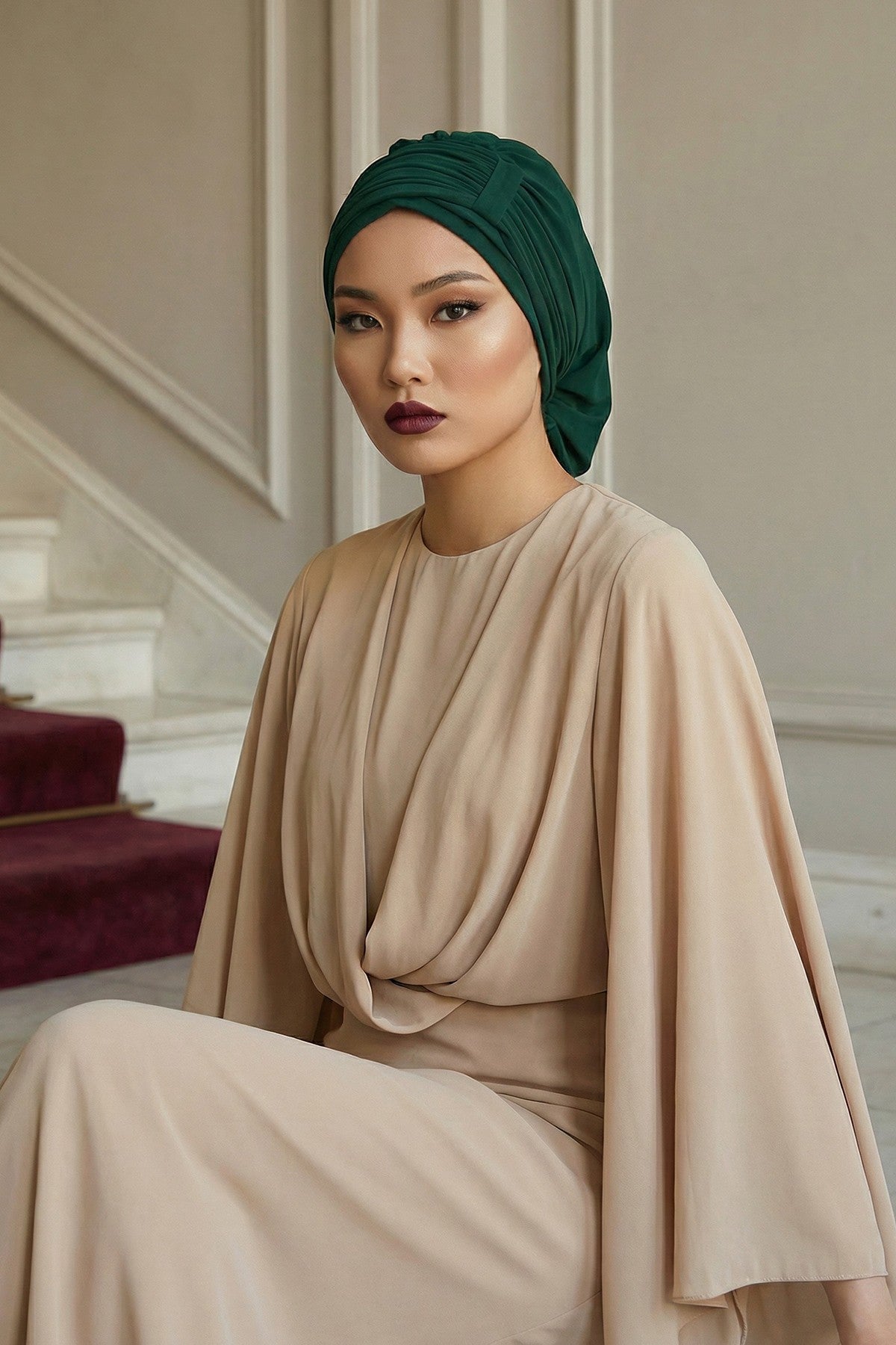 Pleated Chiffon Instant Turban for Women, Pre-Tied Elegant Hijab Cap, Lightweight Modest Headwrap for Daily & Formal Wear,HT-107 Dark Green