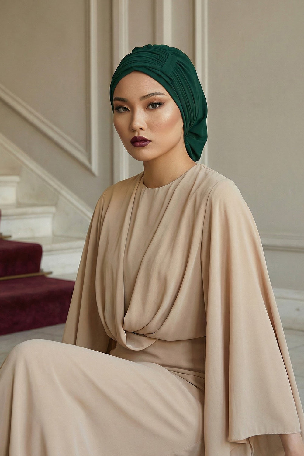 Pleated Chiffon Instant Turban for Women, Pre-Tied Elegant Hijab Cap, Lightweight Modest Headwrap for Daily & Formal Wear,HT-107 Dark Green