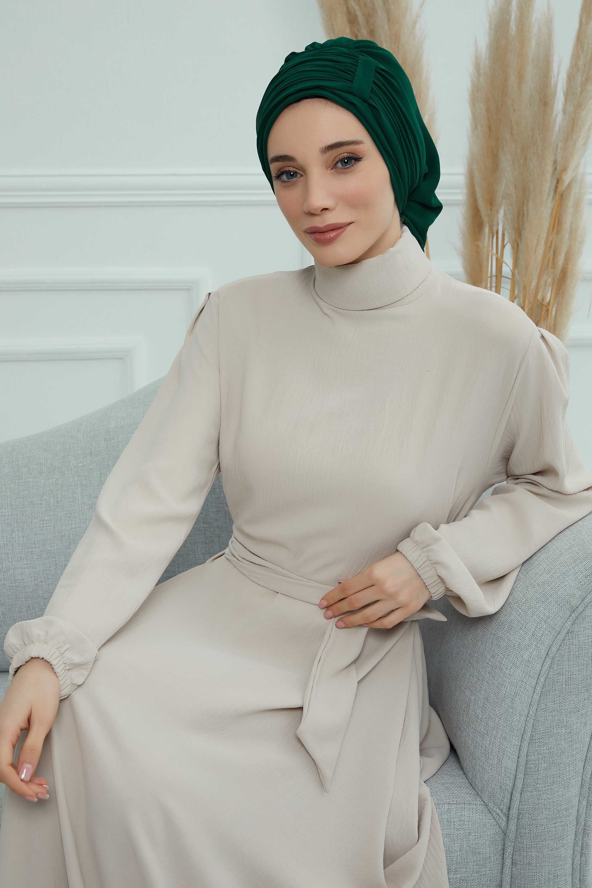 Pleated Chiffon Instant Turban for Women, Pre-Tied Elegant Hijab Cap, Lightweight Modest Headwrap for Daily & Formal Wear,HT-107 Dark Green