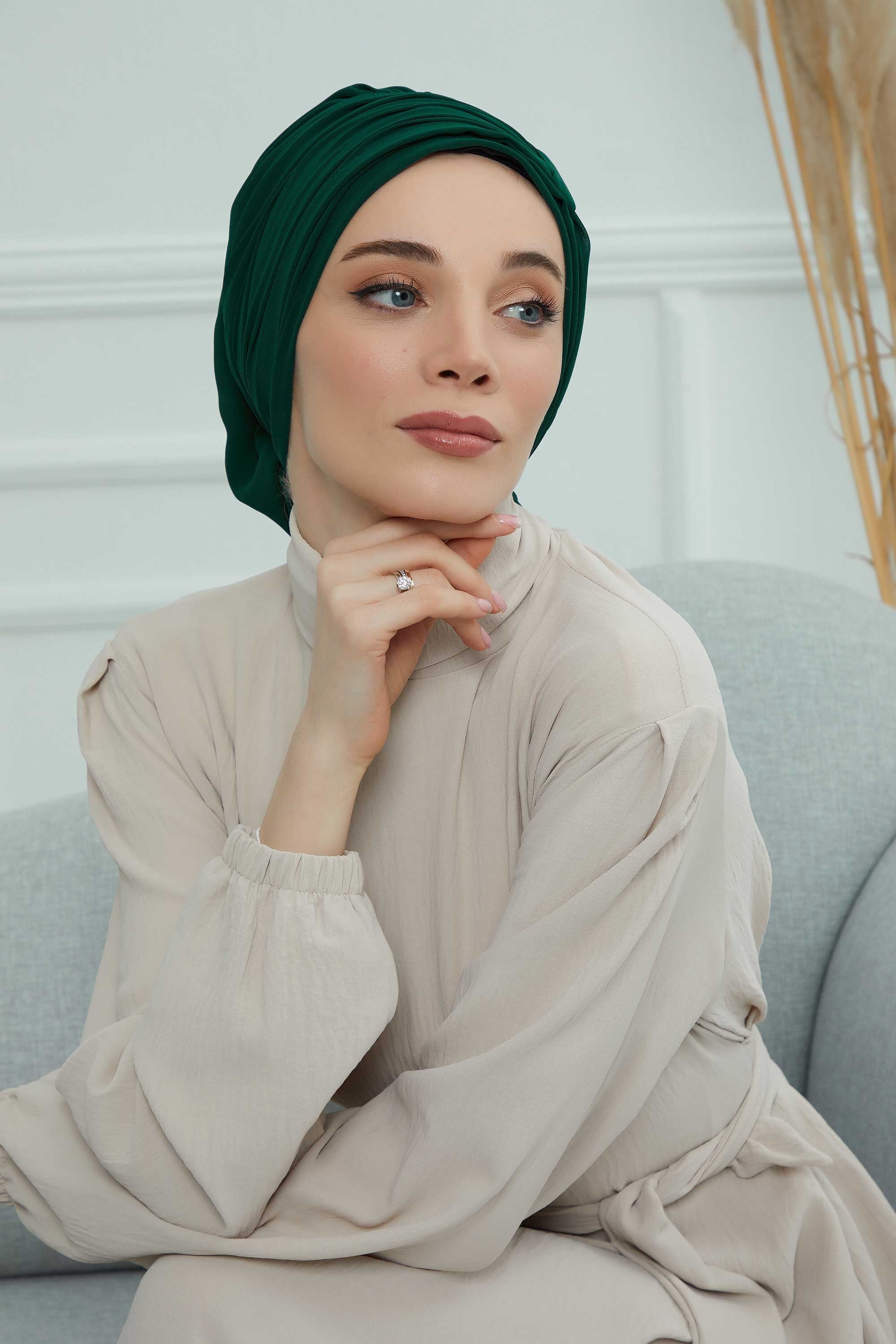 Pleated Chiffon Instant Turban for Women, Pre-Tied Elegant Hijab Cap, Lightweight Modest Headwrap for Daily & Formal Wear,HT-107 Dark Green