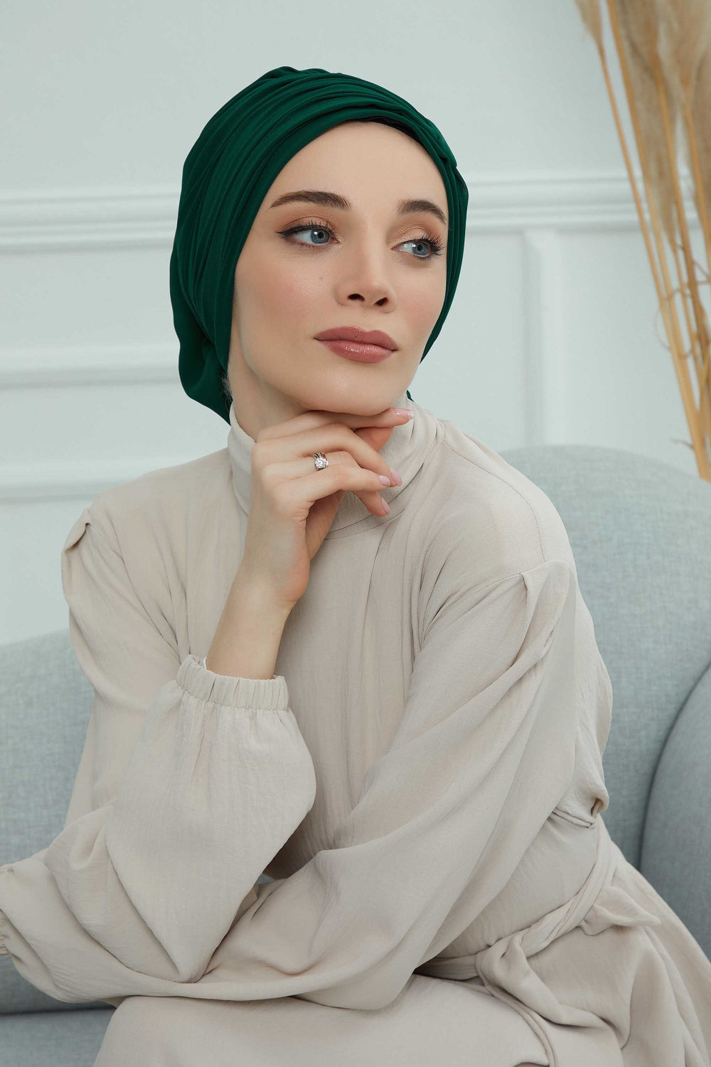 Pleated Chiffon Instant Turban for Women, Pre-Tied Elegant Hijab Cap, Lightweight Modest Headwrap for Daily & Formal Wear,HT-107 Dark Green