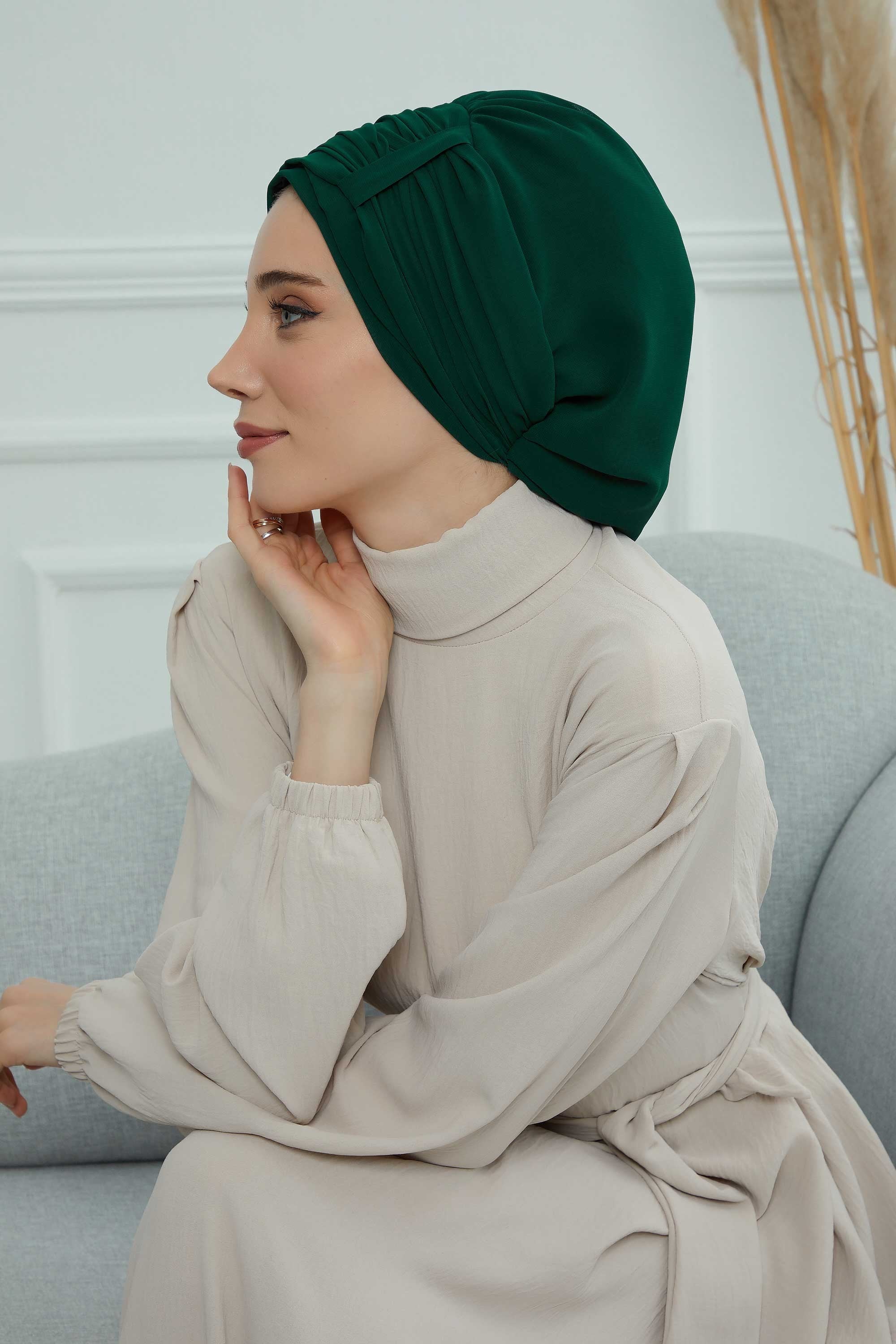 Pleated Chiffon Instant Turban for Women, Pre-Tied Elegant Hijab Cap, Lightweight Modest Headwrap for Daily & Formal Wear,HT-107 Dark Green