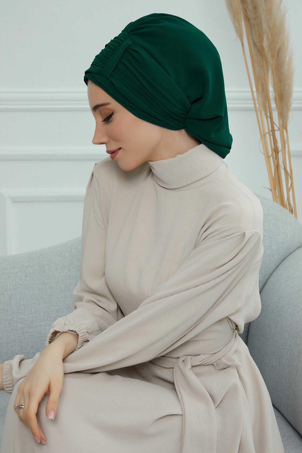 Pleated Chiffon Instant Turban for Women, Pre-Tied Elegant Hijab Cap, Lightweight Modest Headwrap for Daily & Formal Wear,HT-107 Dark Green