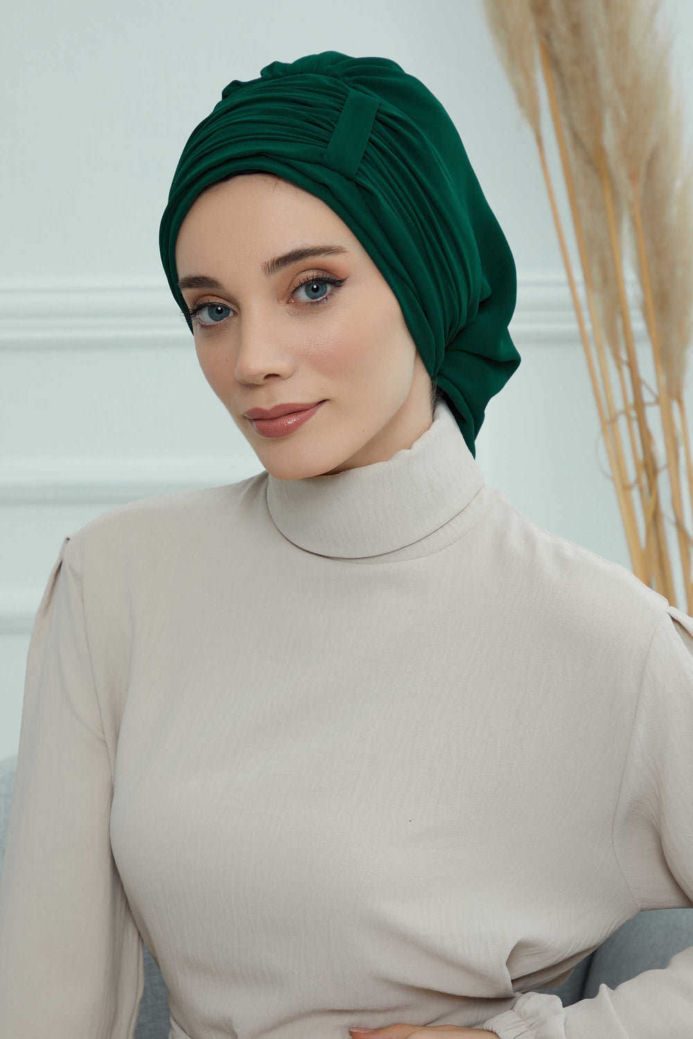 Pleated Chiffon Instant Turban for Women, Pre-Tied Elegant Hijab Cap, Lightweight Modest Headwrap for Daily & Formal Wear,HT-107 Dark Green