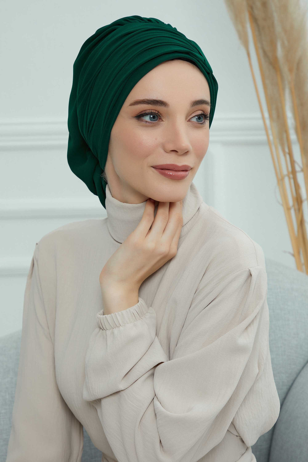 Pleated Chiffon Instant Turban for Women, Pre-Tied Elegant Hijab Cap, Lightweight Modest Headwrap for Daily & Formal Wear,HT-107 Dark Green